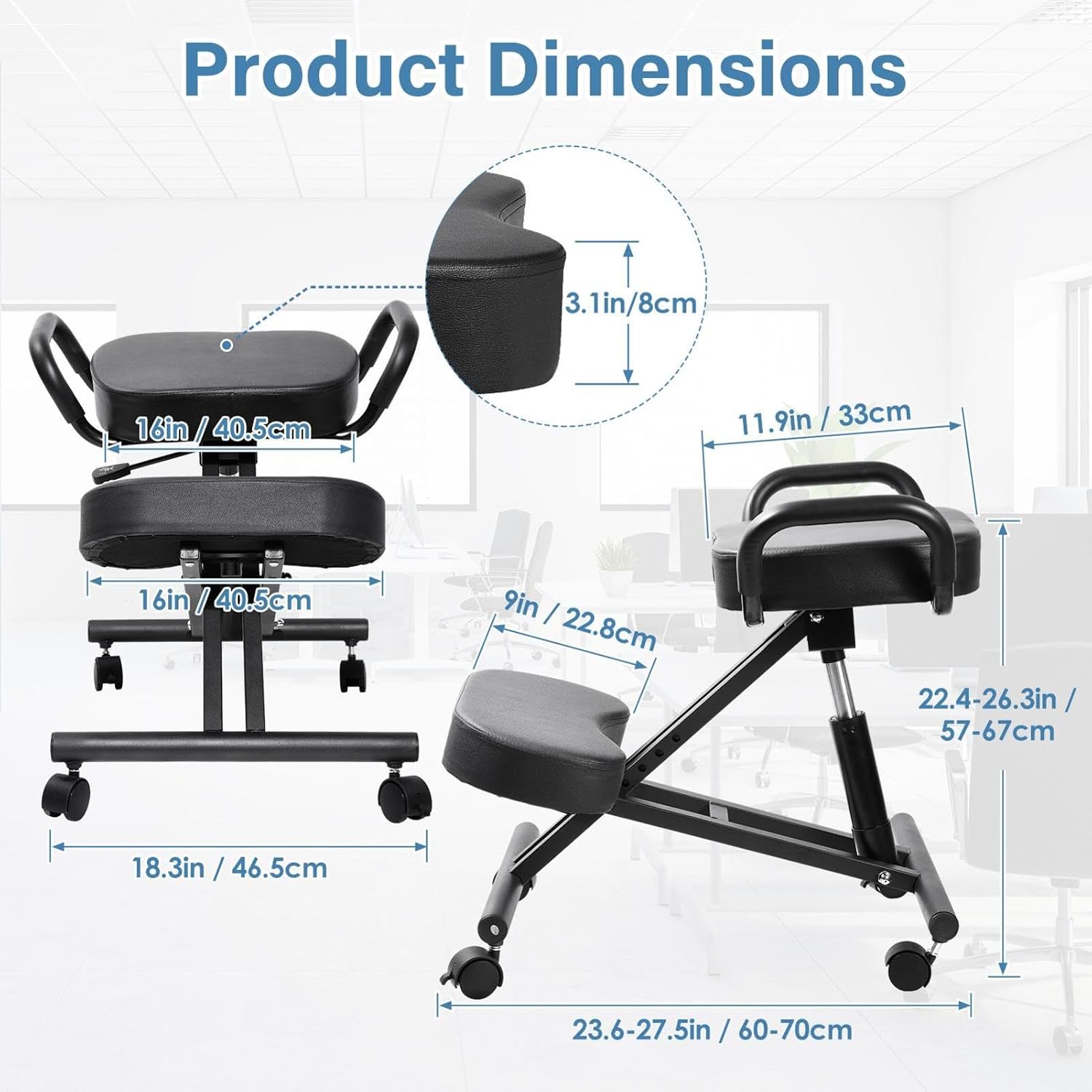 Ergonomic Kneeling Chair, Kneeling Chair with Locking Wheels, Adjustable Height Support Chairs, PU Computer Kneel Chairs for Living Room