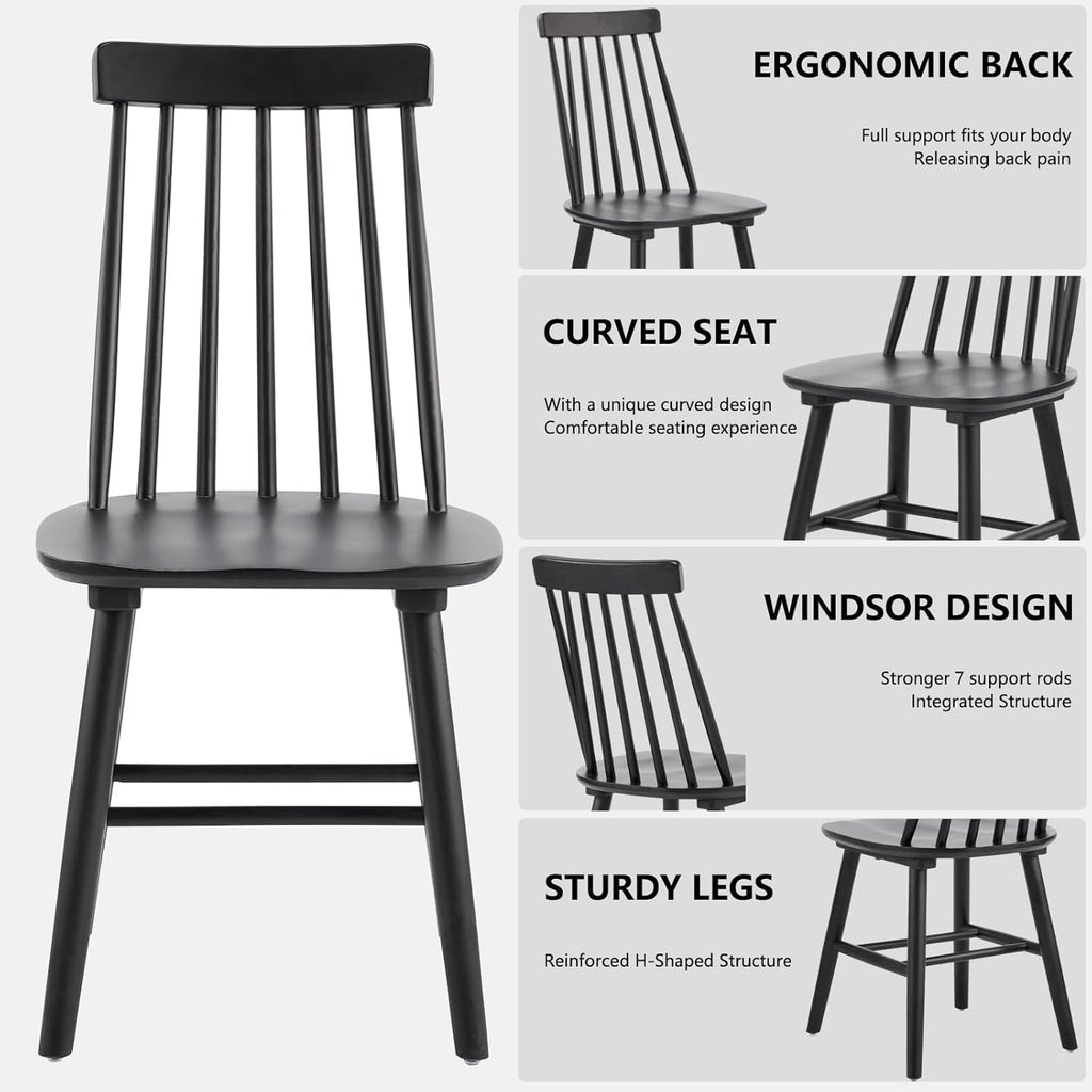 Black Dining Chair Set of 6, Windsor Wooden Dining Chairs Set of 6, Spindle Back Dining Chairs, Wood Dining Room Chair Spindle Side Country Farmhouse Chairs for Kitchen and Dining Room, Black