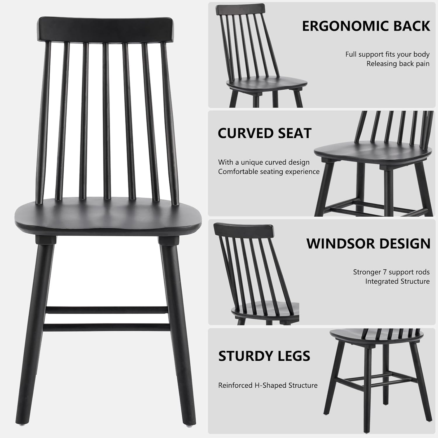 Black Dining Chair Set of 6, Windsor Wooden Dining Chairs Set of 6, Spindle Back Dining Chairs, Wood Dining Room Chair Spindle Side Country Farmhouse Chairs for Kitchen and Dining Room, Black