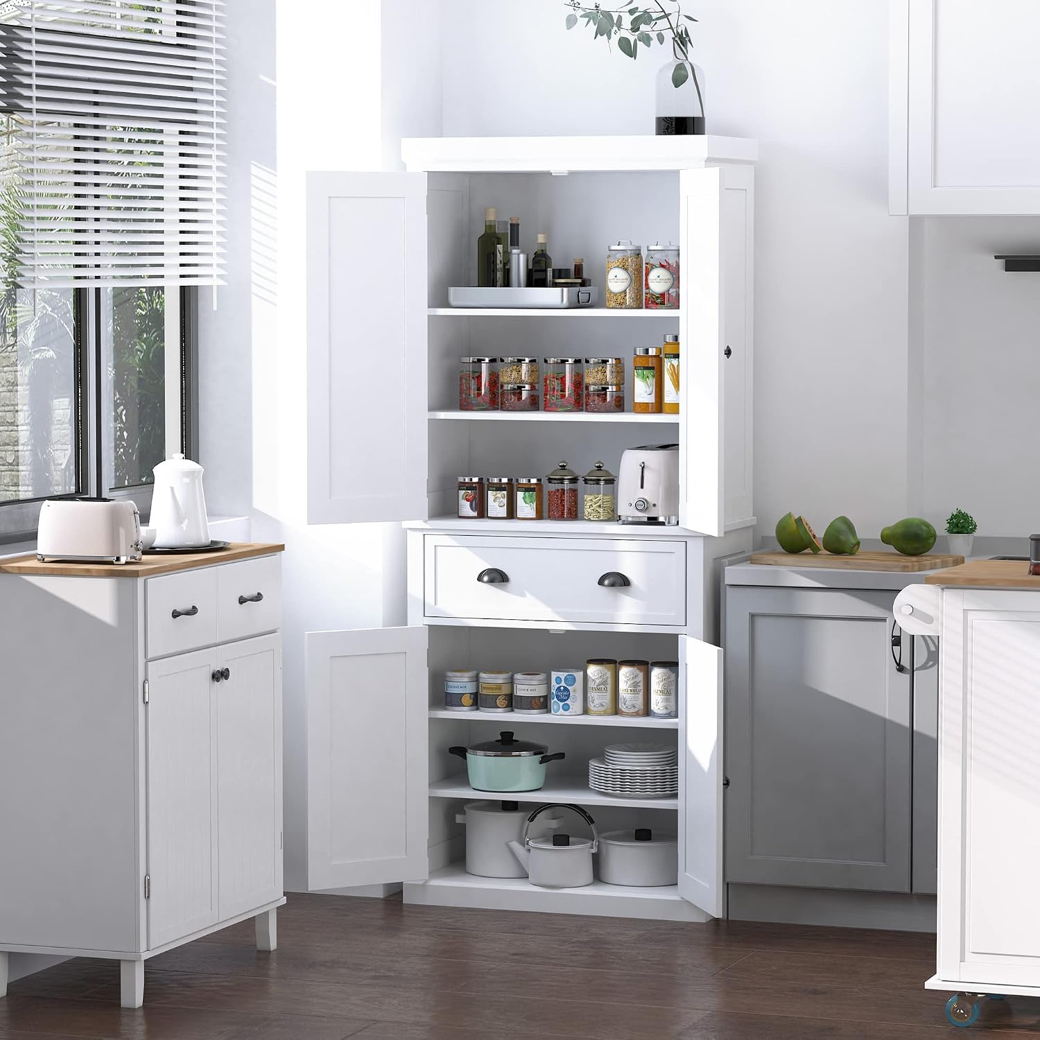 72" Freestanding Kitchen Pantry Cabinet, Tall Storage Cabinet with 2 Door Cupboards, Drawer and Adjustable Shelves, White,16 * 30 * 72.5