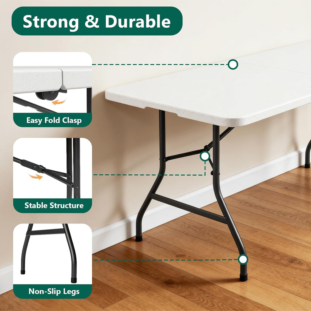 6FT Folding Table 4 Pack, Heavy Duty Plastic Table with Handel, 400lbs Portable Table, Reinforced Steel Legs, Fold-in-Half Table Ideal for Parties, Picnics, Weddings, Camping White