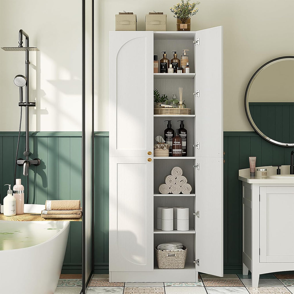 Cyclysio 80" Kitchen Pantry, Extra Tall Arch Storage Cabinet with 4 Soft Close Doors and Adjustable Shelves, Freestanding Wood Cupboard with Seamless Fit Wall for Dining Living Room Bathroom Furniture
