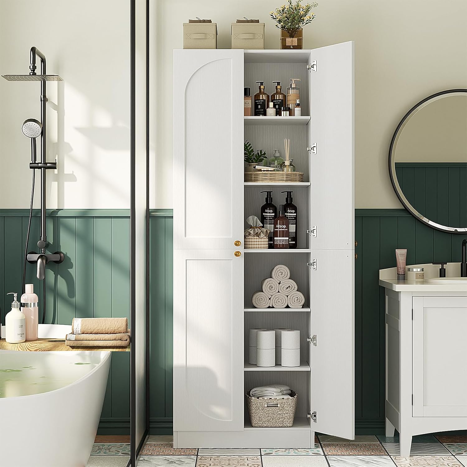 Cyclysio 80" Kitchen Pantry, Extra Tall Arch Storage Cabinet with 4 Soft Close Doors and Adjustable Shelves, Freestanding Wood Cupboard with Seamless Fit Wall for Dining Living Room Bathroom Furniture