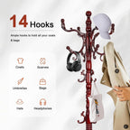 Wooden Coat rack freestanding, Coat racks stand with 14 Hook, Heavy duty coat tree standing 3 Adjustable Heights for Bedroom, Entryway, Hallway, Office,Stury Base (Redwood)