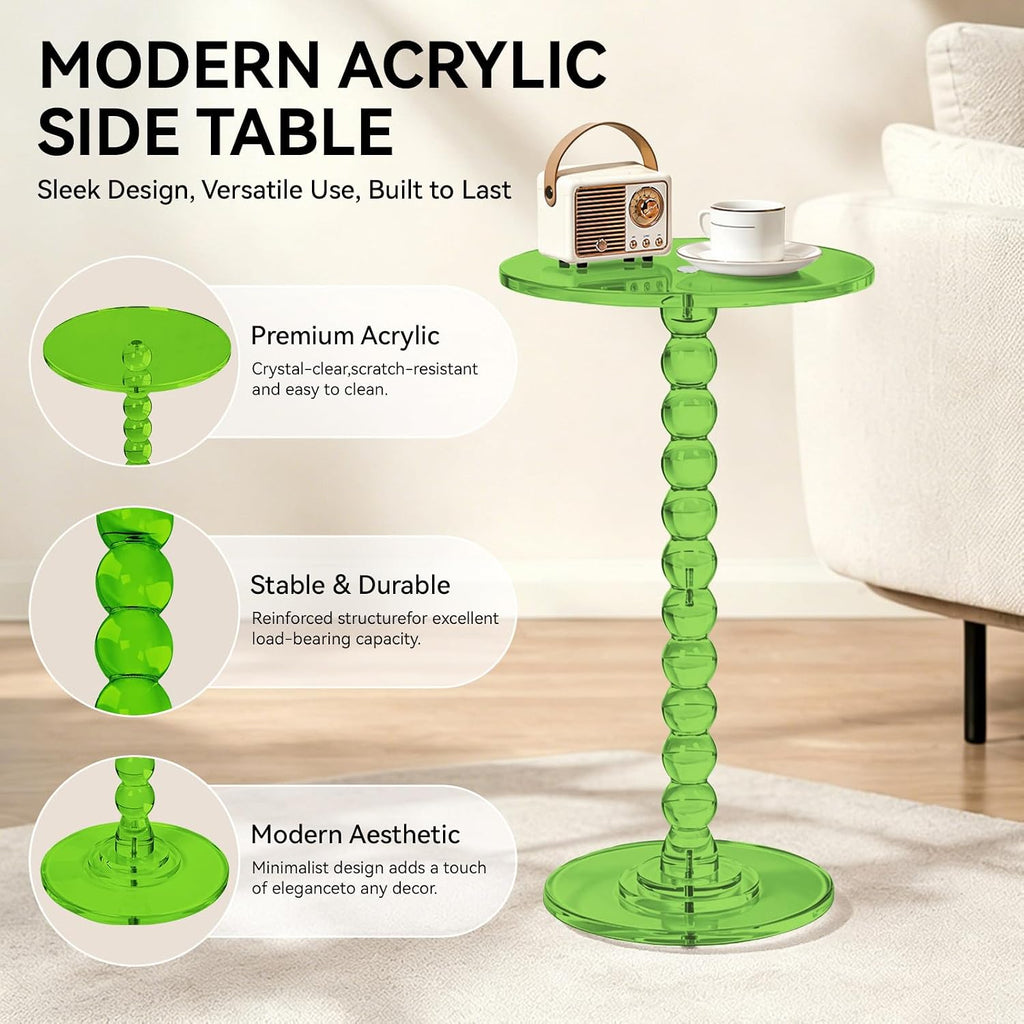 Acrylic Side Table, End Table Round Top with Solid Post, Clear Modern End Tables, Small Pedestal Drink Tables, Small Spaces Home Decor for Living Room, Bedroom, Balcony Green