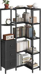 YATINEY Corner Bookshelf, 5-Tier L-Shaped Bookcase with 3 Fabric Drawers, Storage Display Shelf, Freestanding Tall Open Shelf, for Living Room, Bedroom, Home Office, Black SJ12BB