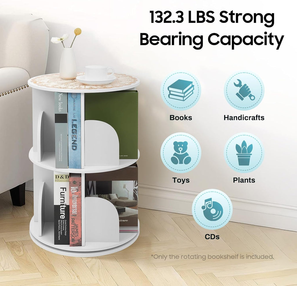 2 Tier Rotating Bookshelf for Living Room, Bedroom, Office & Study | 360° Revolving Bookcase, Dividers, Anti-Falling Design, Space Saving, Floor Standing, Book Organizer