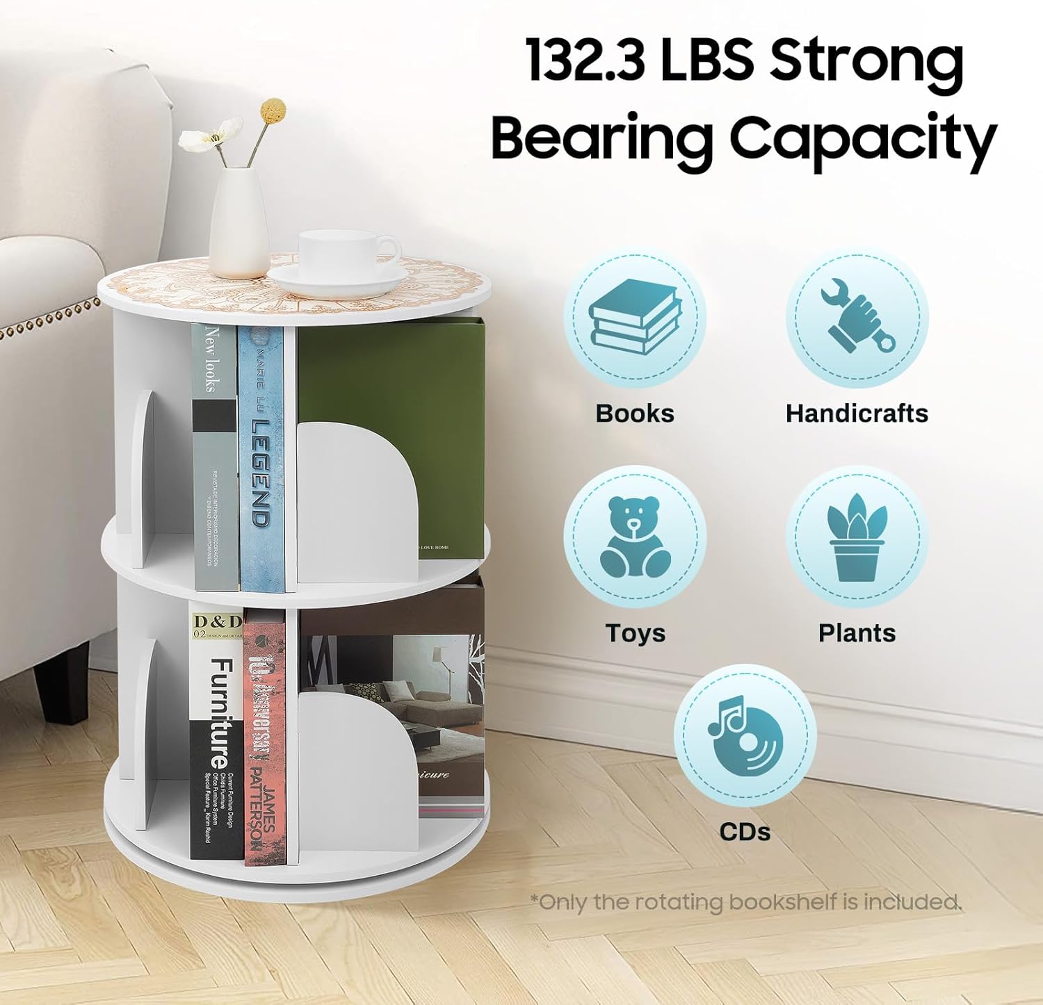 2 Tier Rotating Bookshelf for Living Room, Bedroom, Office & Study | 360° Revolving Bookcase, Dividers, Anti-Falling Design, Space Saving, Floor Standing, Book Organizer