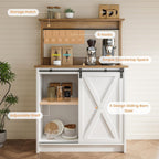 4ever2buy Farmhouse Coffee Bar with Hutch, White Coffee Bar Cabinet with Storage Sliding Barn Door, 31 Inch Buffet Cabinet with 6 Hooks, Coffee Bar Table with Adjustable Shelves for Living Dining Room