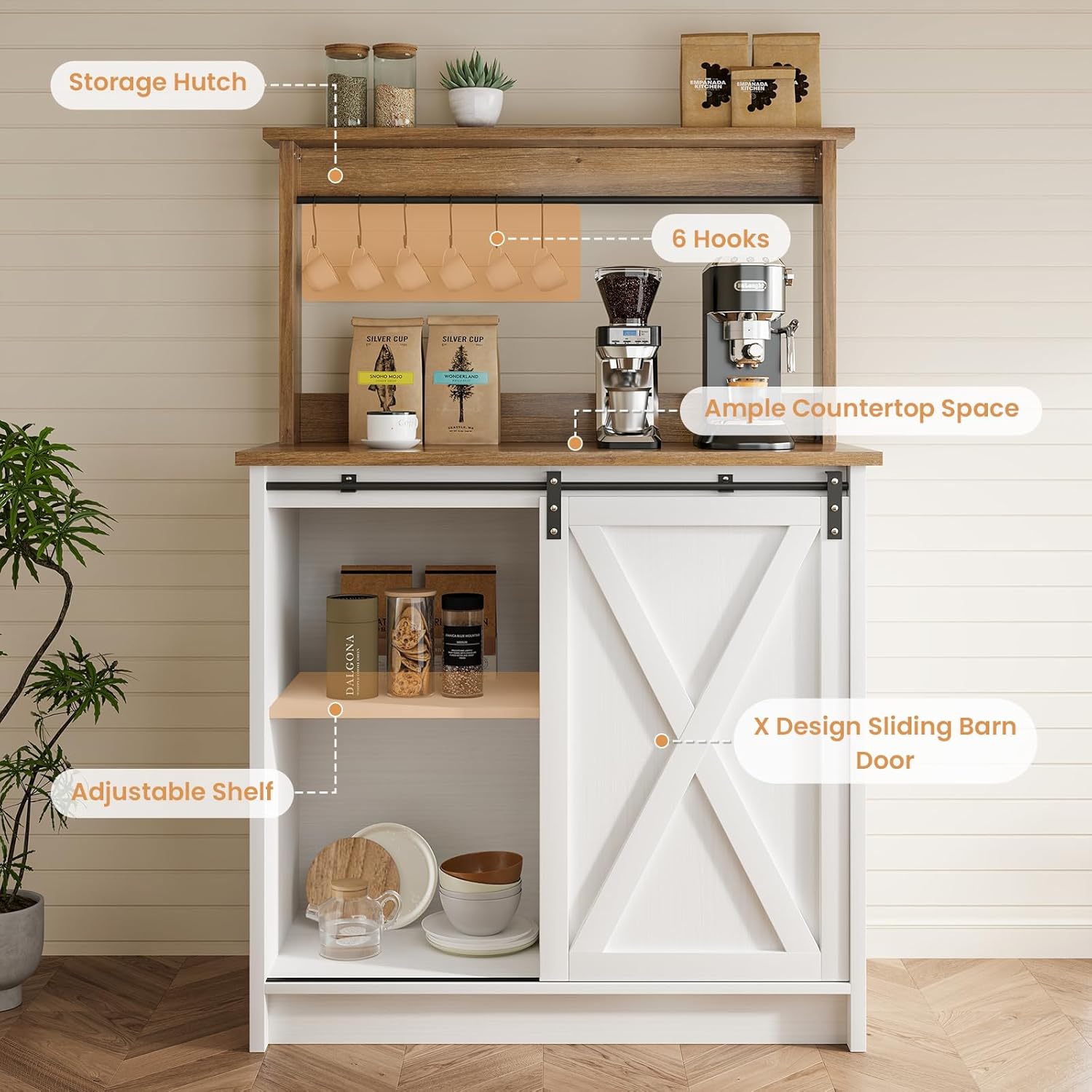 4ever2buy Farmhouse Coffee Bar with Hutch, White Coffee Bar Cabinet with Storage Sliding Barn Door, 31 Inch Buffet Cabinet with 6 Hooks, Coffee Bar Table with Adjustable Shelves for Living Dining Room