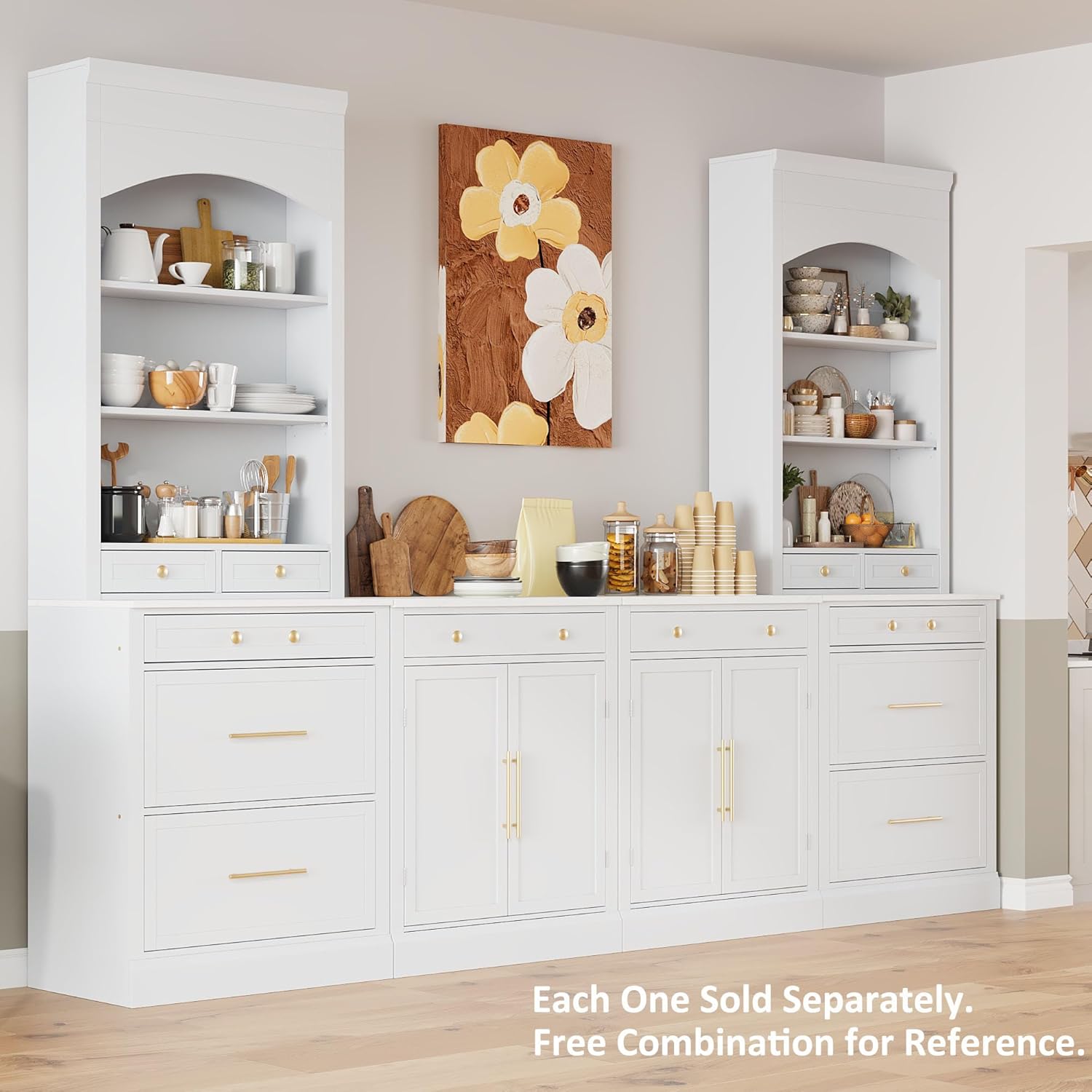 Modern 83.7inch High Kitchen Pantry, Freestanding Tall Kitchen Hutch with Faux Marble Top, Display Cupboard Cabinet with 5 Storage Drawers and Adjustable Shelf, White
