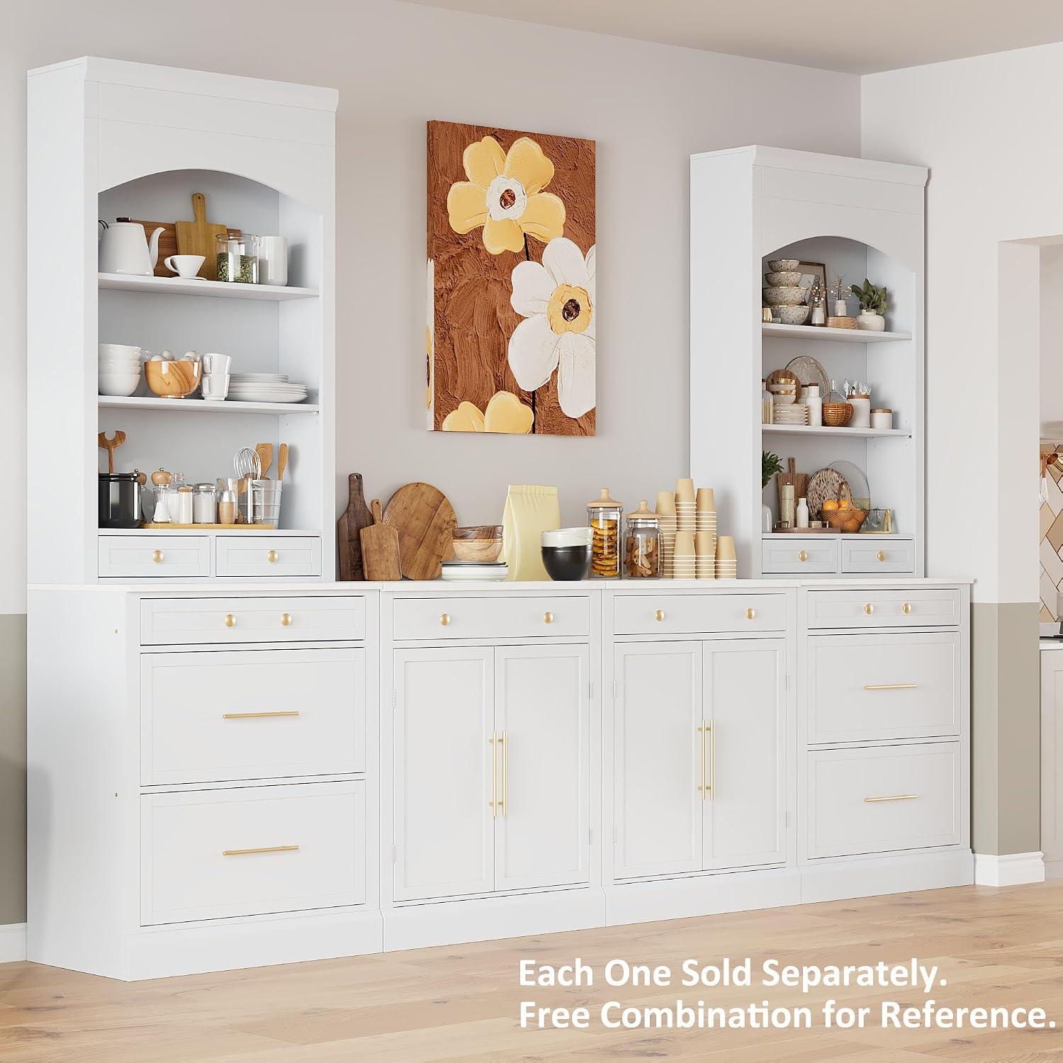 LUMISOL 83.7” Kitchen Pantry, Freestanding Tall Kitchen Hutch with Faux Marble Top, Display Cupboard Cabinet with 5 Storage Drawers and Adjustable Shelf, Storage Cabinet for Kitchen Dining Room, White