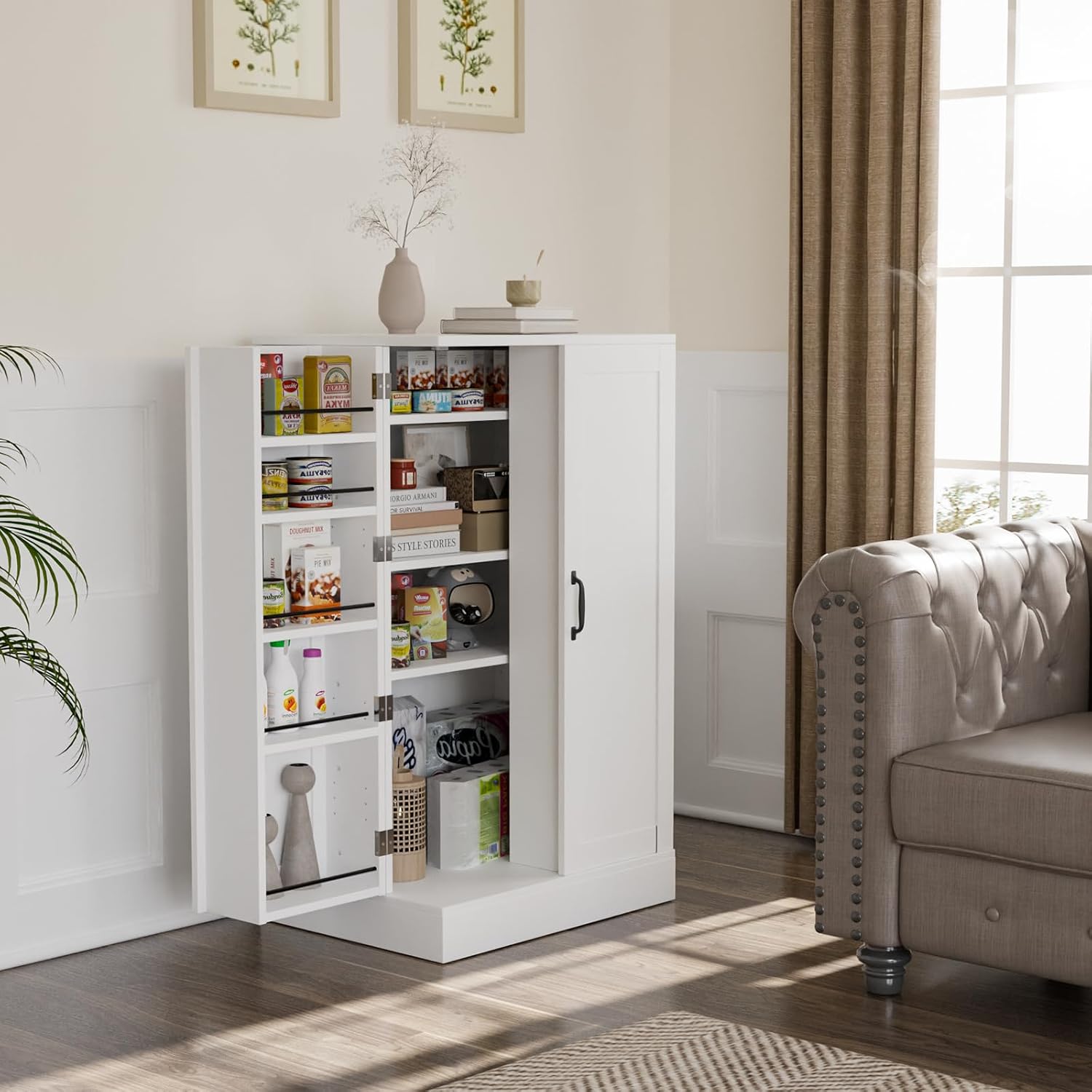 VINGLI Pantry Cabinet, White Kitchen Storage Cabinet with 2 Doors and Adjustable Shelves, 40.5" H Food Storage Freestanding Cupboard for Small Space in Dining Room, Living Room