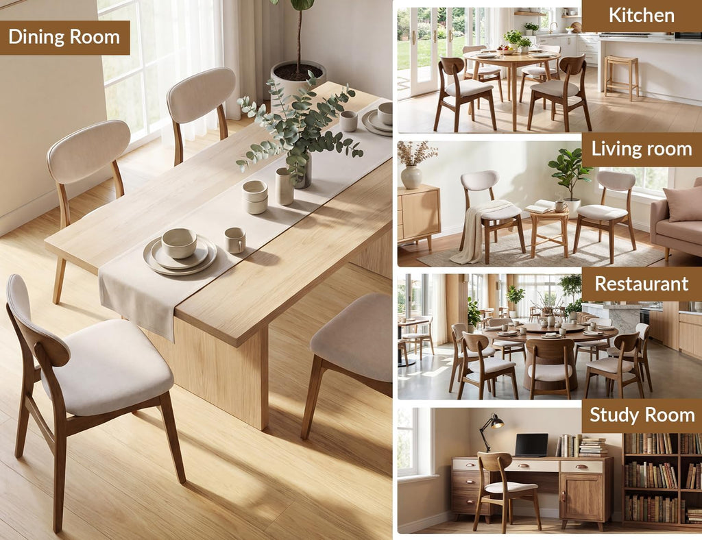 Wooden Dining Chairs Set of 2 - Farmhouse Fabric Upholstered Kitchen Chairs with Curved Back, Solid Wood Mid-Century Modern Side Chair for Dining Room, Beige & Walnut