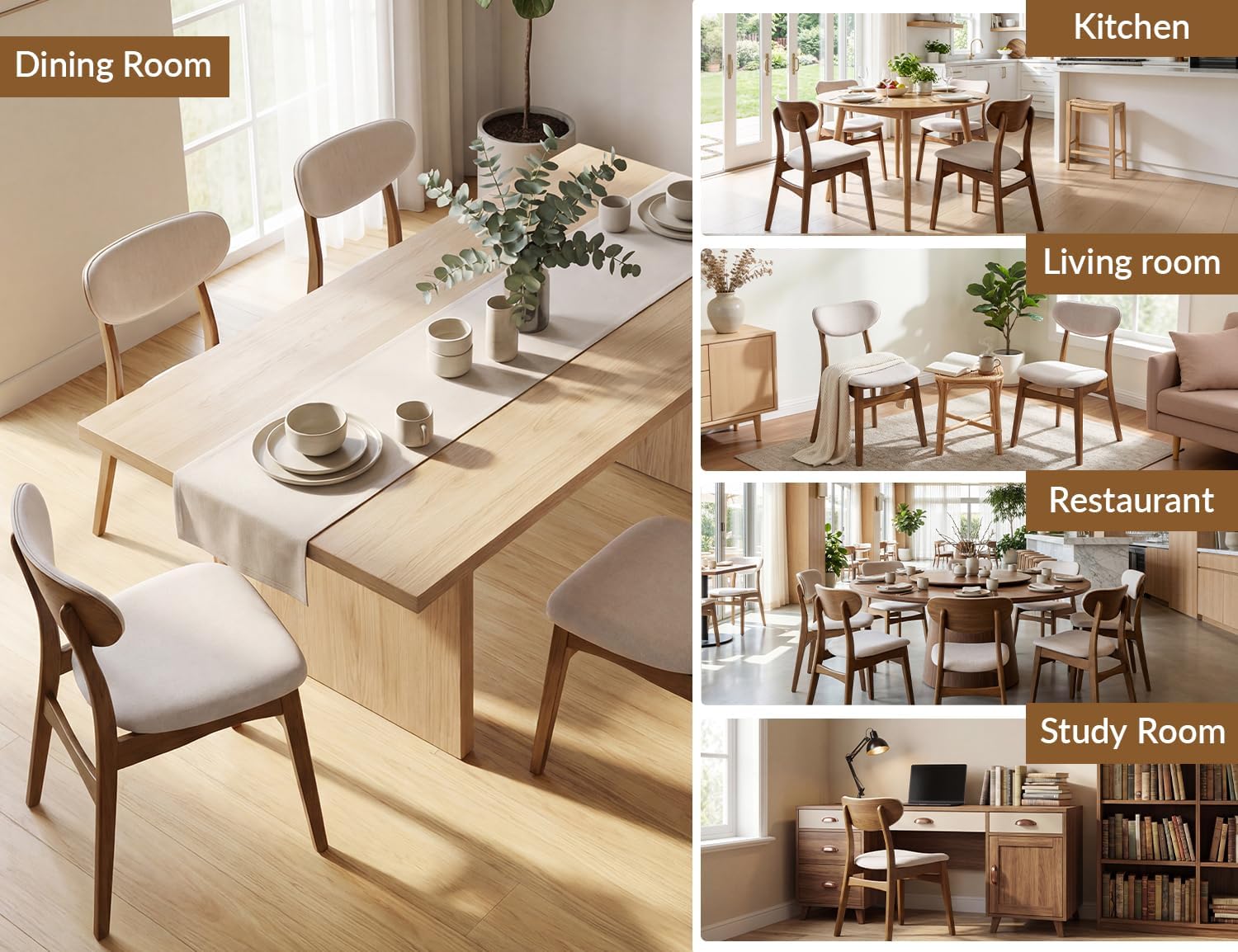 Wooden Dining Chairs Set of 2 - Farmhouse Fabric Upholstered Kitchen Chairs with Curved Back, Solid Wood Mid-Century Modern Side Chair for Dining Room, Beige & Walnut