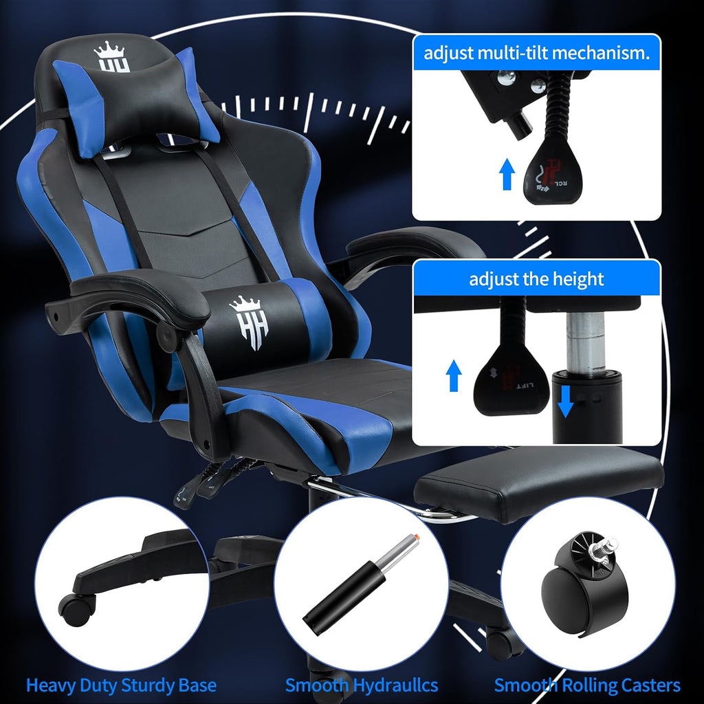 RGB Gaming Chair with Footrest, Computer Gaming Chair with LED Lights for Adults, Reclining Gamer Chair with Adjustable Headrest, Lumbar Support and Linkage Armrests for Home, Office, Gaming Room