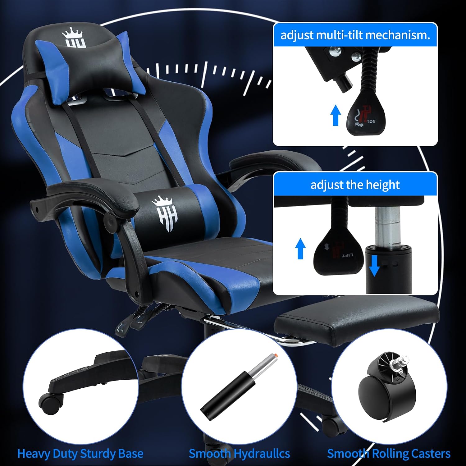 RGB Gaming Chair with Footrest, Computer Gaming Chair with LED Lights for Adults, Reclining Gamer Chair with Adjustable Headrest, Lumbar Support and Linkage Armrests for Home, Office, Gaming Room