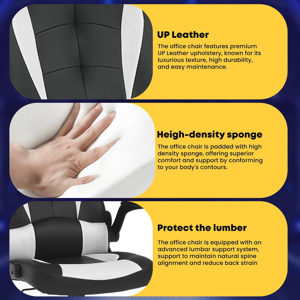Ruesleag Ergonomic PC Gaming Chair Office Computer Chair w/Lumbar Support Flip Up Arms Headrest PU Leather Study Desk Chair Executive Office Chair High Back Video Racing Chair for Adults,White