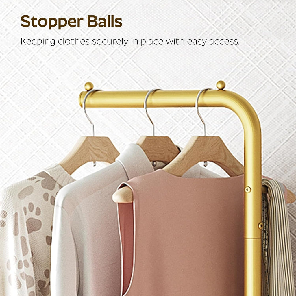 YATINEY L Shaped Glod Coat Rack, Metal Coat Tree, Modern Clothes Rack with 3 Hooks and Thickened Base, Floor Standing Coat Hanger Stand, for Entryway, Living Room, Cloakroom, Gold and White YM01DWY1