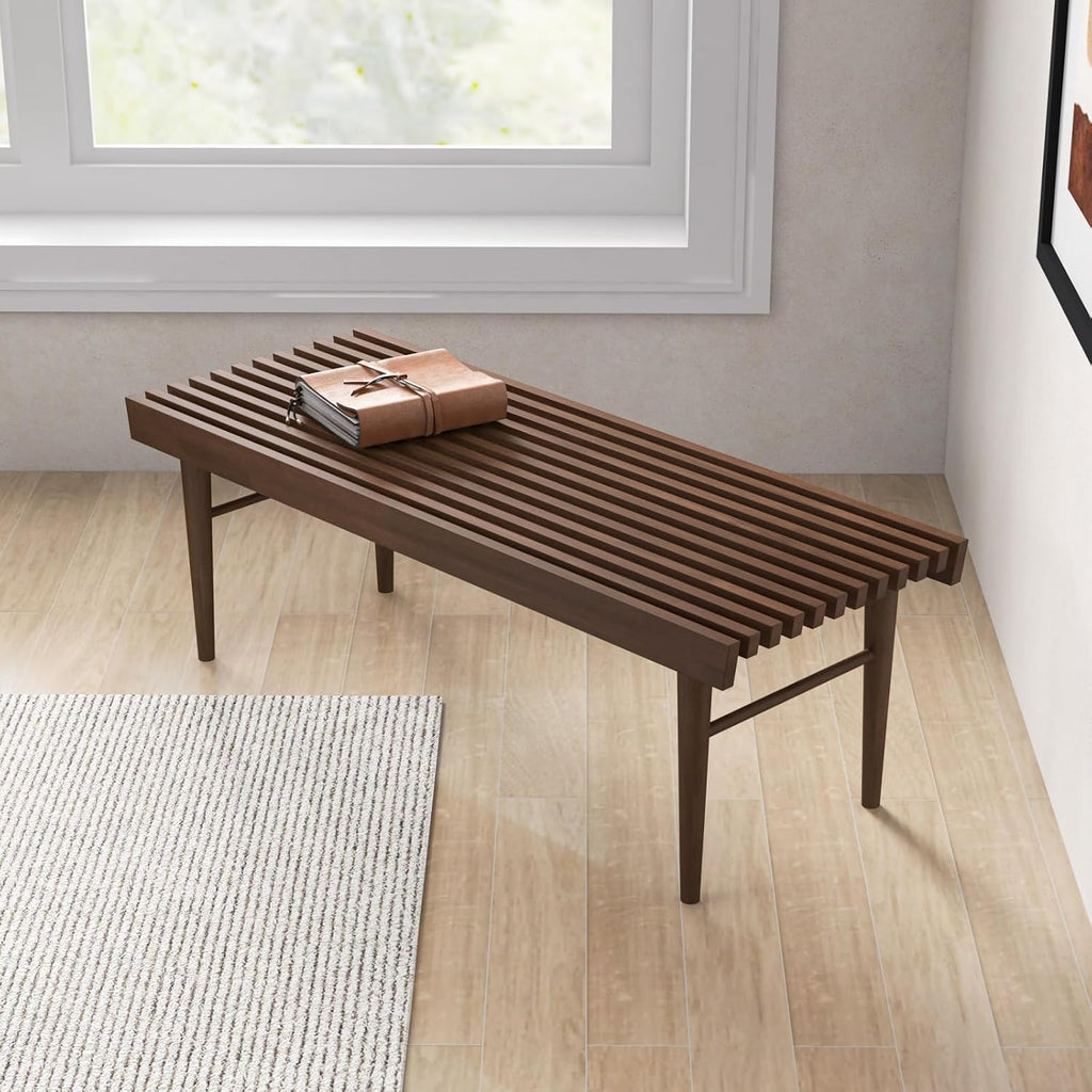 Mid Century Modern Solid Wood Bench with Natural Walnut Stain Finish 15.5'' H x 47.2'' W x 18.1'' D for Living Room, Hallway, Bedroom, Bathroom