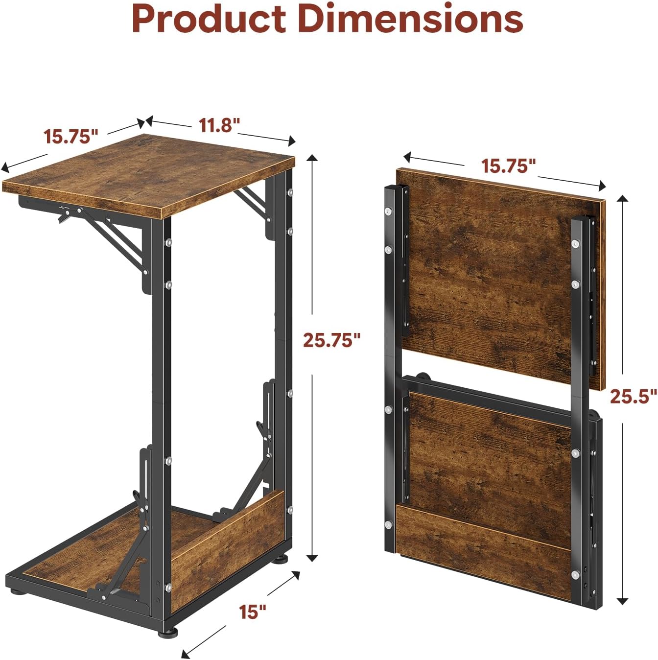 Simple Trending Folding Side Table, C Shaped End Table, TV Tray Couch Table for Living Bedroom, Rustic Brown