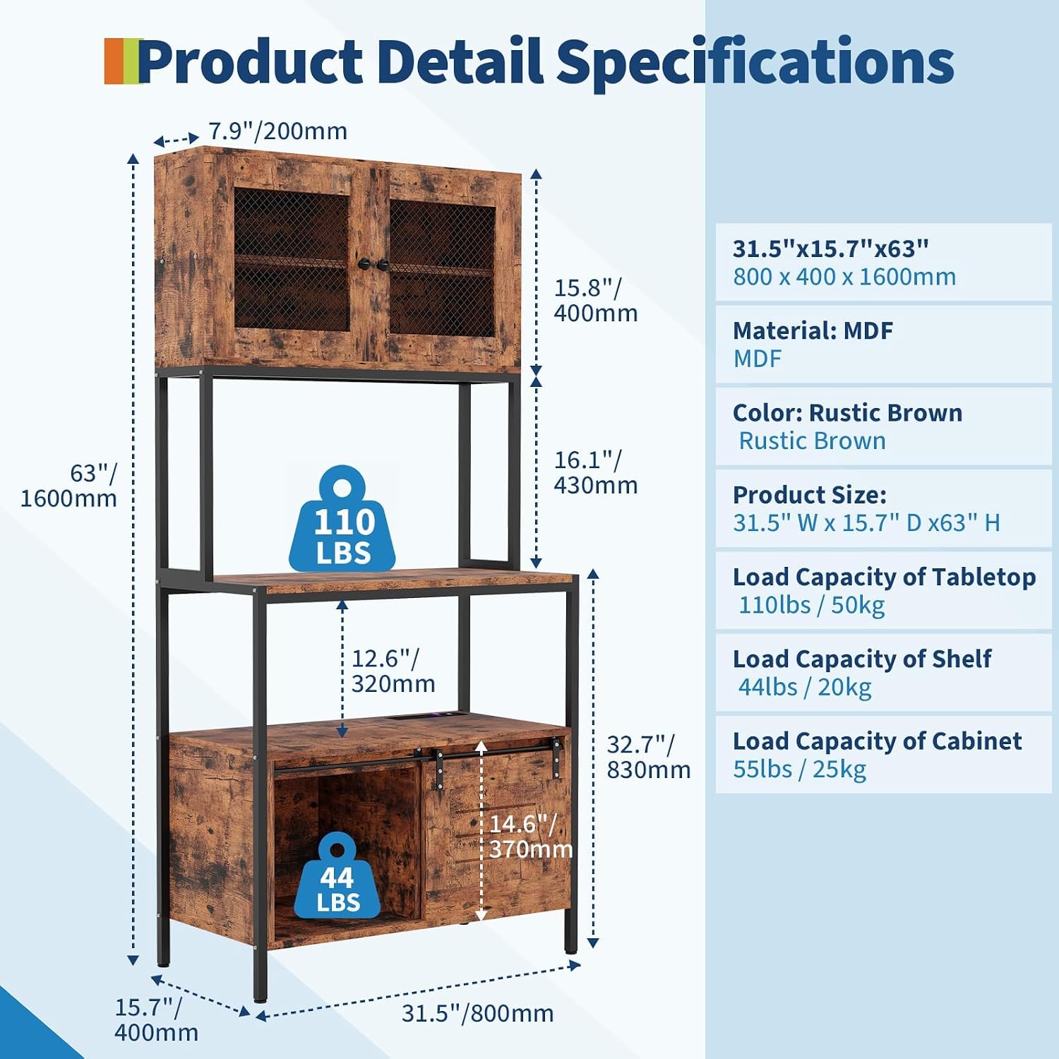 6-Tier Kitchen Baker's Rack with Power Outlet and Storage Cabinet, Microwave Stand Coffee Bar Station, Large Freestanding Utility Organizer Rack, Vintage Brown