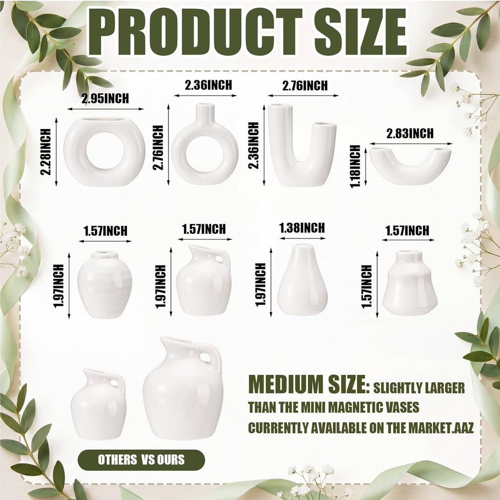 Hushee 8 Pcs Small White Ceramic Vase Fridge Magnets, 2.36 Inch Minimalist Nordic 3D Plant Magnets for Refrigerator, Modern Boho Cute Magnetic Mini Bud Decorative Vases for Kitchen Office Locker Decor