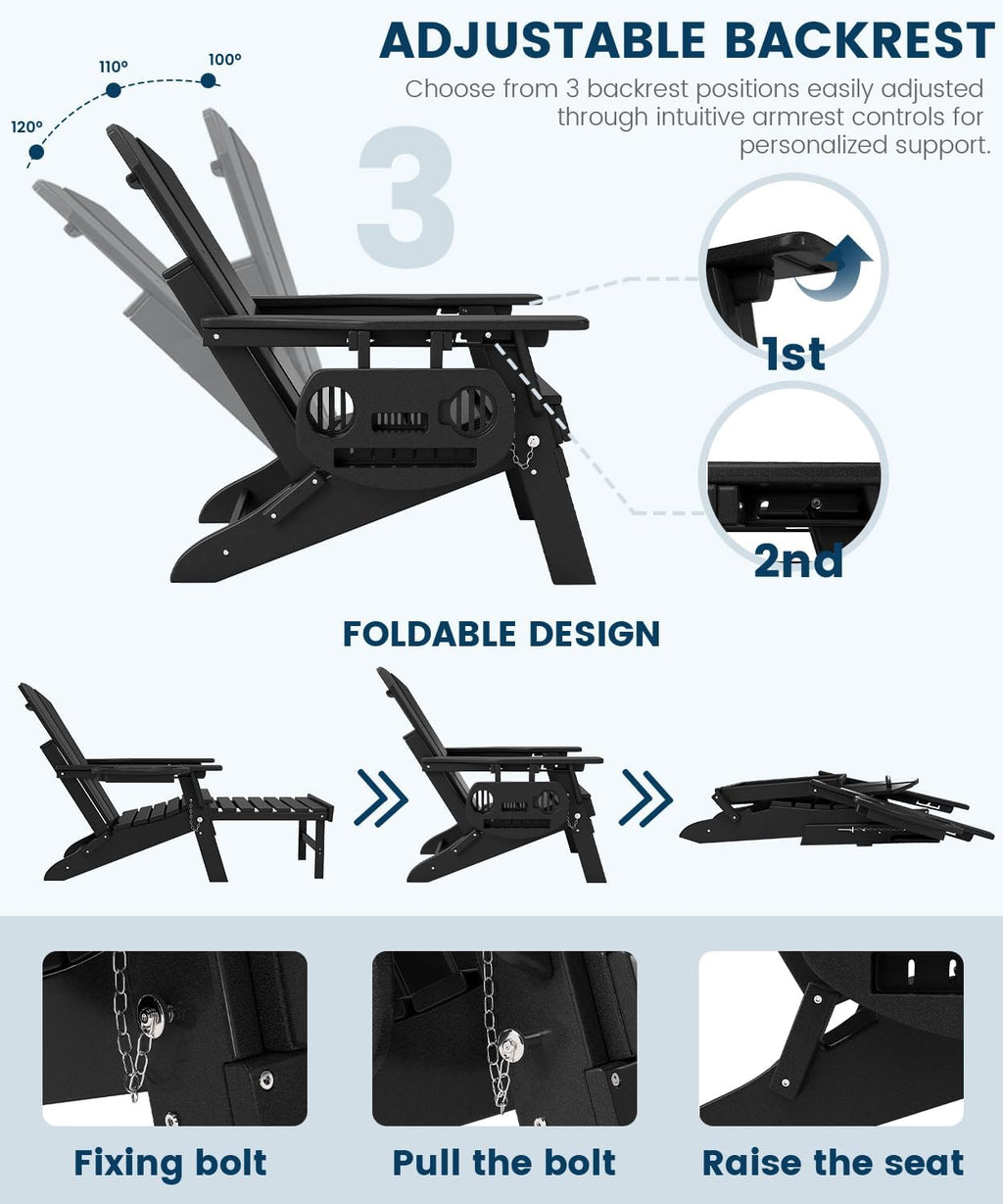 FOOWIN Folding Adjustable Adirondack Chair with Retractable Ottoman Set of 2,HDPE Adirondack Chair w/4 in 1 Cup Holder Trays,All-Weather Resistant Fire Pit Chair for Outdoor Patio Lawn, Black