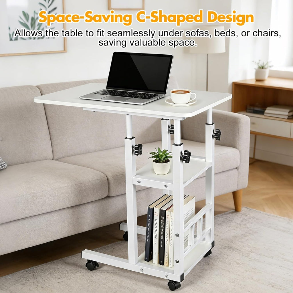 Adjustable C Table,Over Bed Table with Wheels,Rolling Side Table, Over Bed Table with Wheels, Bedside Table, for Sofa Side Small Space, Stable Multi Storage Desk (White)