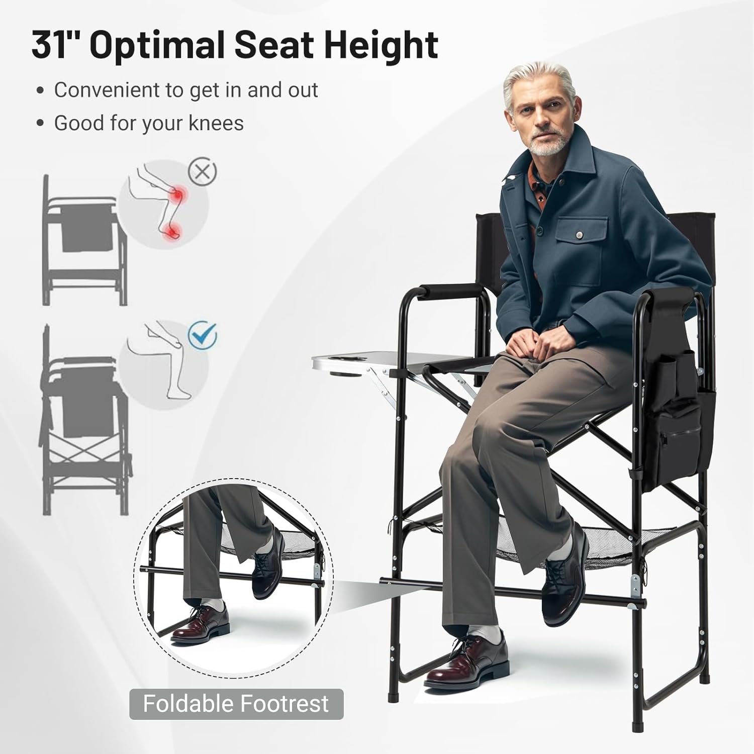COSTWAY 46" Tall Directors Chair, Folding Makeup Artist Chair with Foldable Side Table & Footrest, Extra Cup Holder, Bottom Mesh Bag & Storage Pocket, Camping Chair for Lawn & Yard, Black+Gray