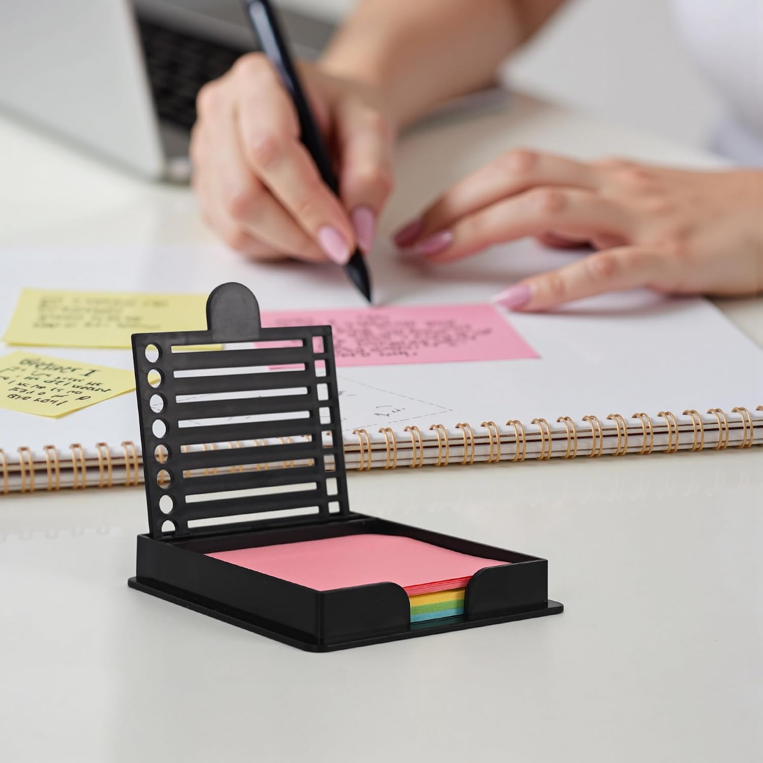 Sticky Note Holder Compatible with Post It Notes, 3x3 Sticky Note Stencil Dispenser with Template, Memo Pad Organizer with Five Line Box Drawing Template for Home and Office