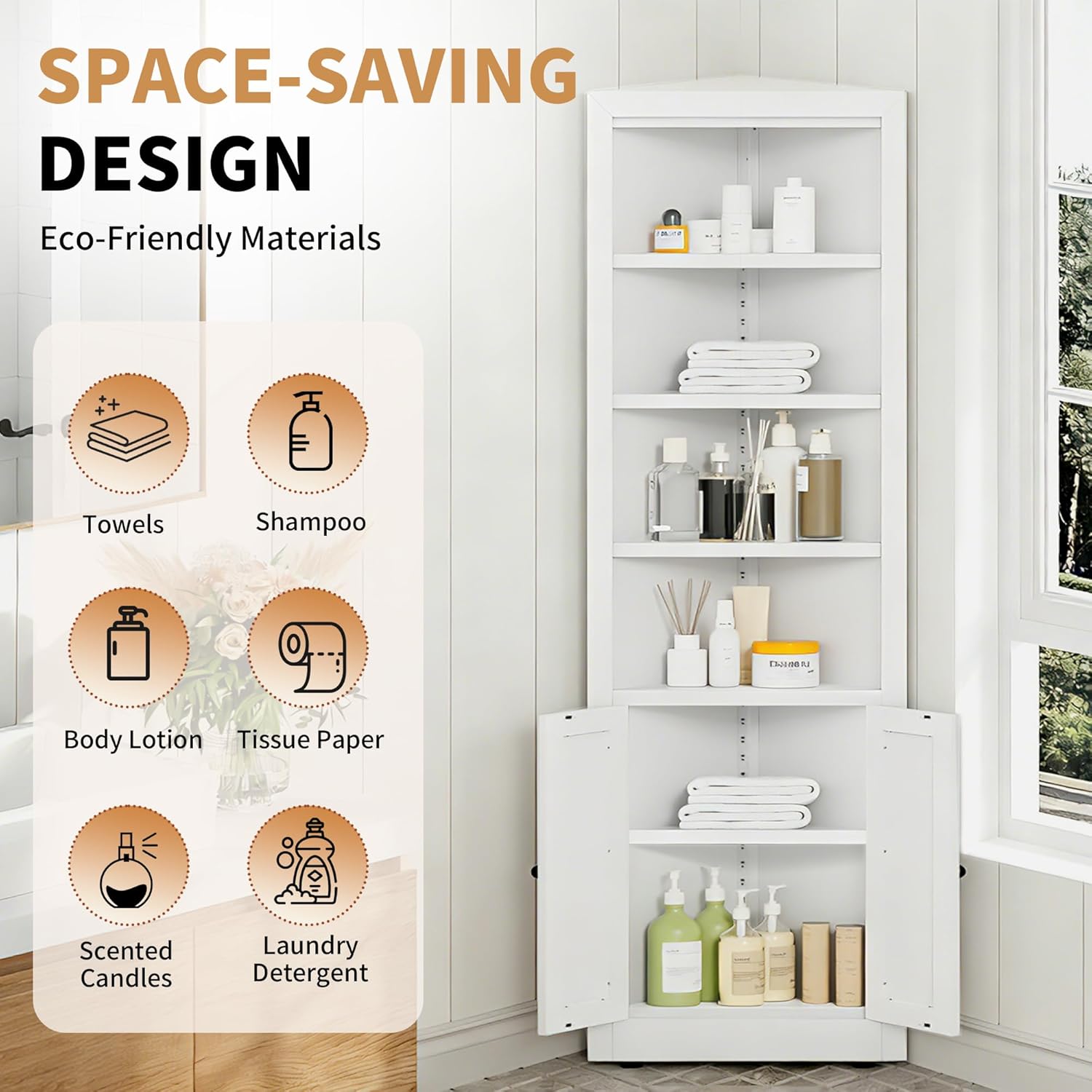 Tall Corner Pantry Cabinet for Living Room, 71 Inch 5-Tier Metal Corner Kitchen Cabinet, Adjustable Shelves, Floor Corner Bathroom Cabinet with Storage Shelves for Laundry Room, Space Saving, White
