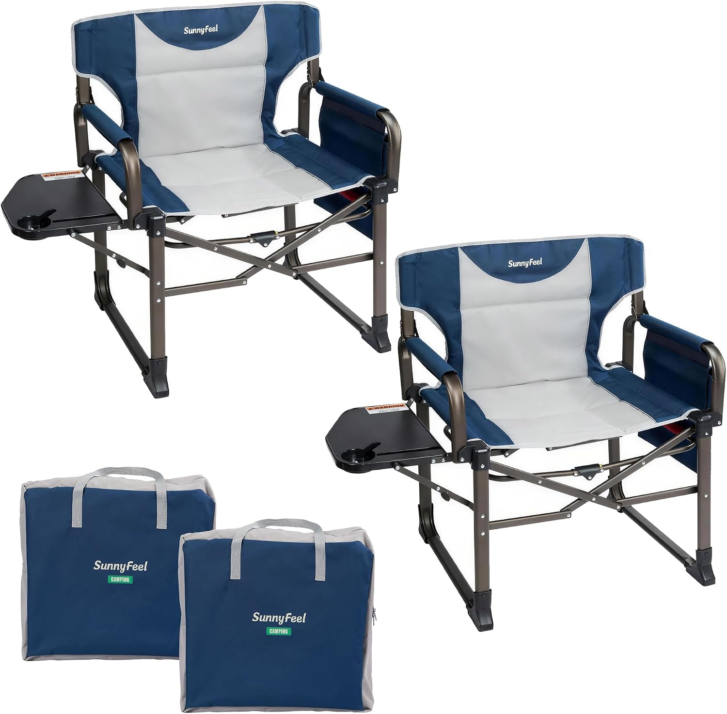 SUNNYFEEL Oversized Camping Directors Chair 2 Pack Portable Foldable Camp Chair for Adults Support 600lbs with Side Pocket and Side Table for Beach, Fishing, Trip, Picnic, Lawn, Outdoor Blue