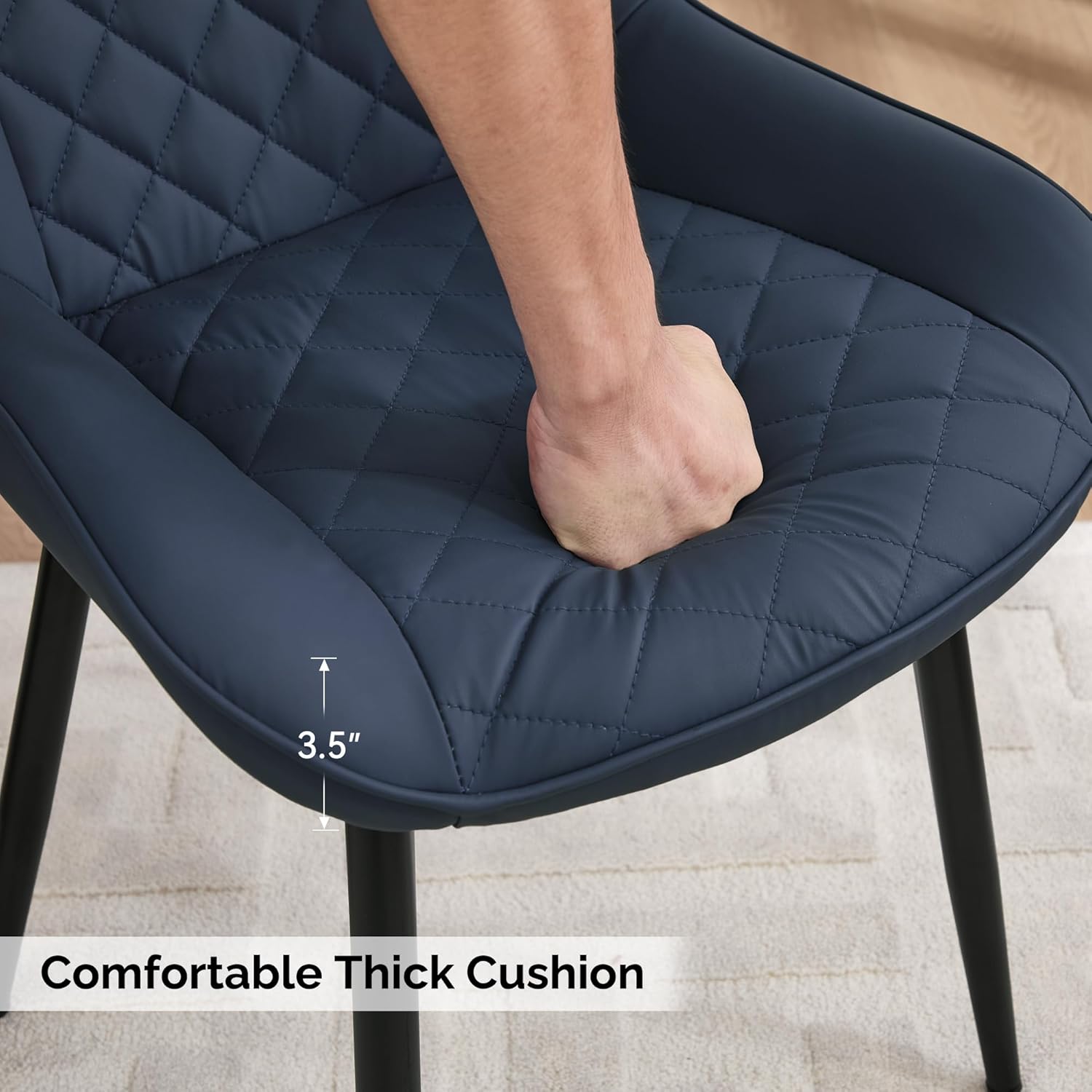 Dining Chair Set of 4, Modern Dining Chairs with Thick Cushions, Faux Leather Upholstered Kitchen Dining Room Chairs with Metal Adjustable Legs for Dining Living Room, Blue