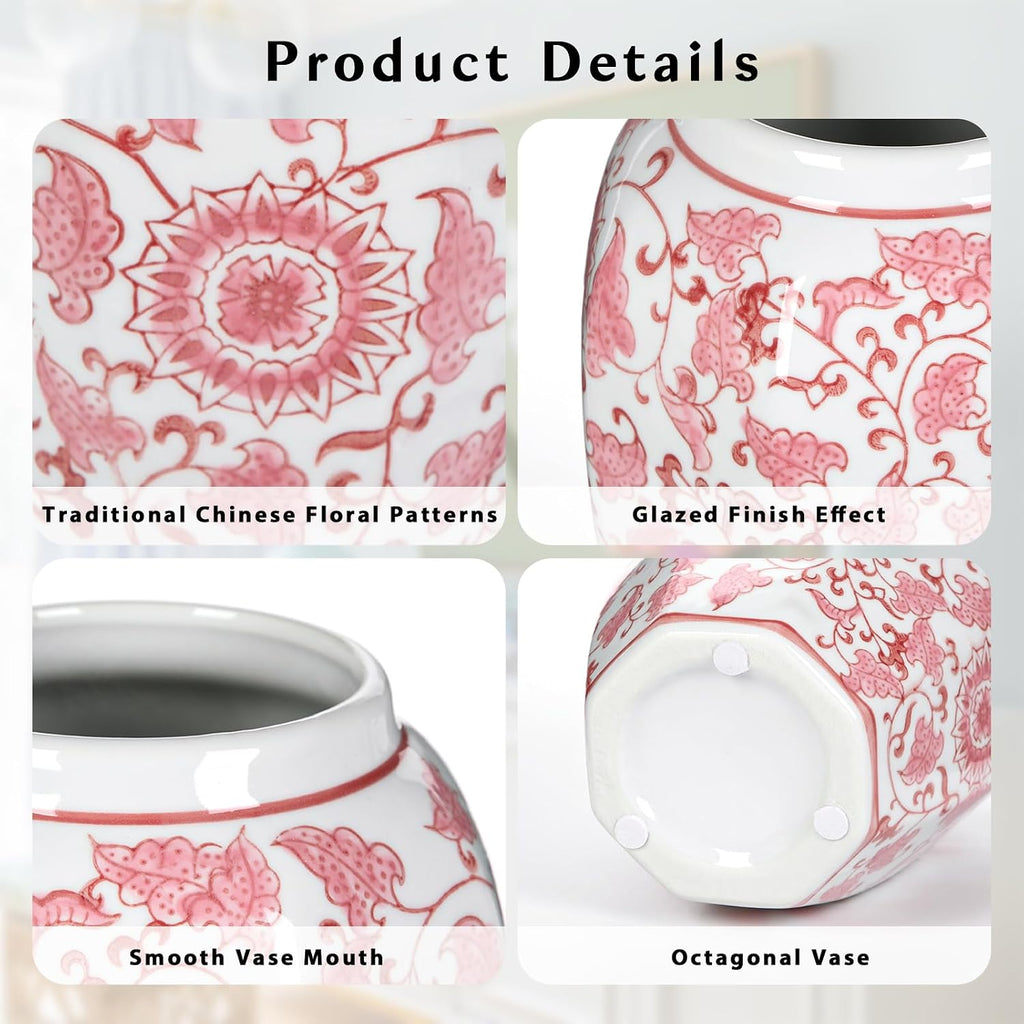 Pink Vase 8.5 Inch Traditional Chinoiserie Floral Vase Porcelain Ginger Jar Octagonal Vases Pink and White Porcelain Decor for Home, Living Room, Kitchen, Mantel, Shelf, Table
