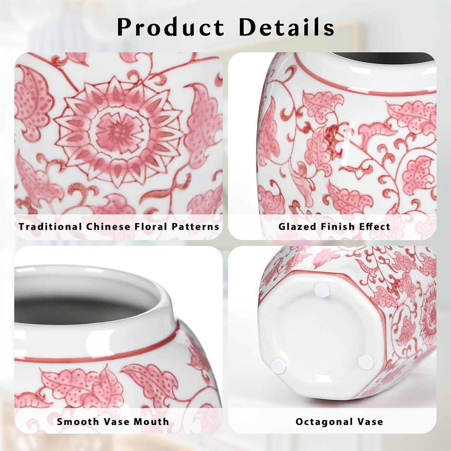 Pink Vase 8.5 Inch Traditional Chinoiserie Floral Vase Porcelain Ginger Jar Octagonal Vases Pink and White Porcelain Decor for Home, Living Room, Kitchen, Mantel, Shelf, Table