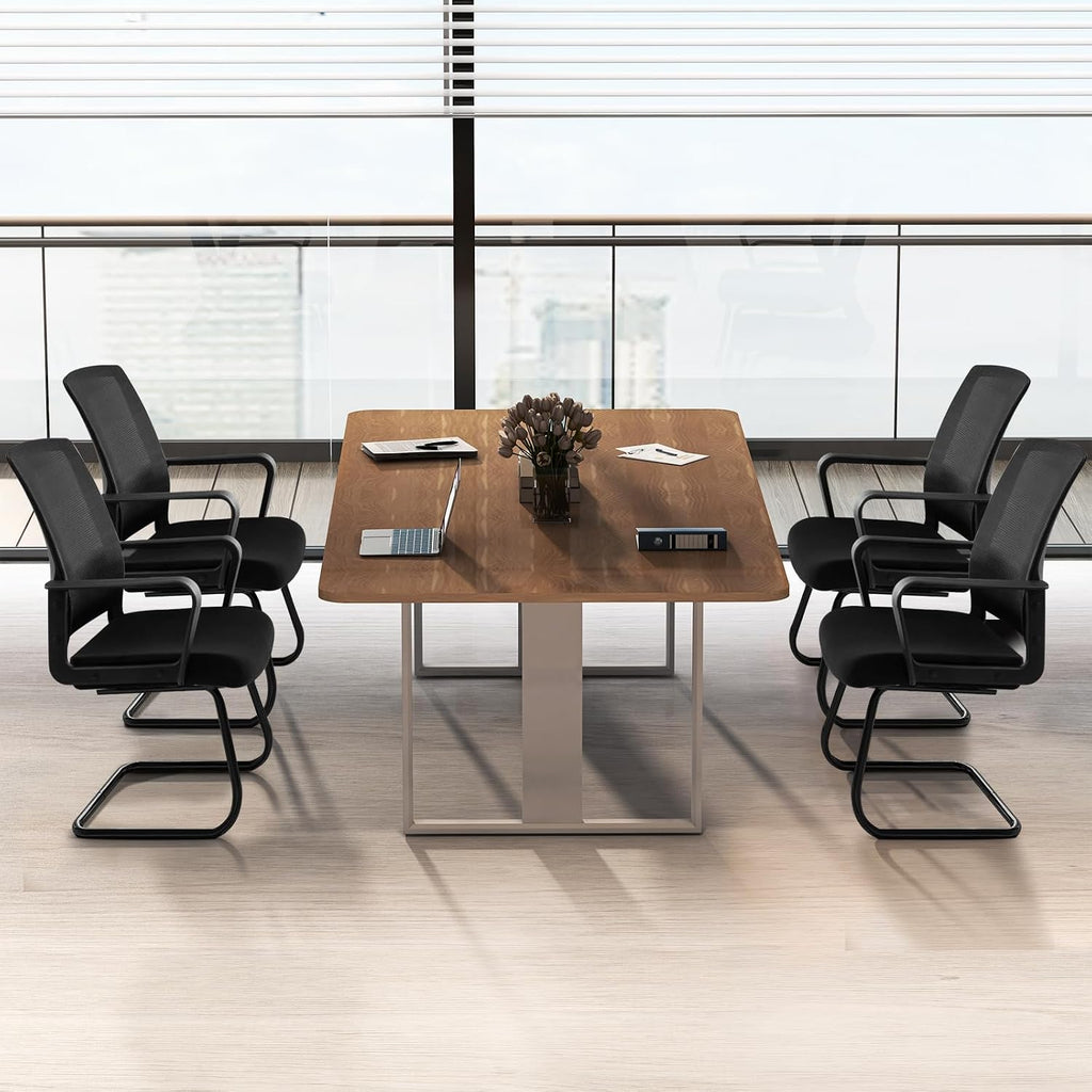 HAPPYGRILL Conference Chair Set of 2, Ergonomic Mid-Back Mesh Office Chair w/Adjustable Lumbar Support, Upholstered Seat & Metal Sled Base, Guest Reception Chairs for Home Office, Waiting Room