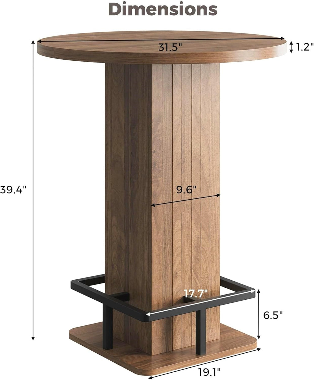 IRONCK Round Bar Table, 39.4" H Wood Bistro Pub Table with Metal Ring Footrest for Coffee Cocktail Dining Living Room, Bar Studio Apartment and Small Space, Brown(Only Table)