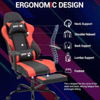 Gaming Chair with Footrest, Ergonomic PC Desk Chair with Headrest and Massage Lumbar Support, Video Game Chair with Height Adjustable High Back for Home Office, PU Leather, Red