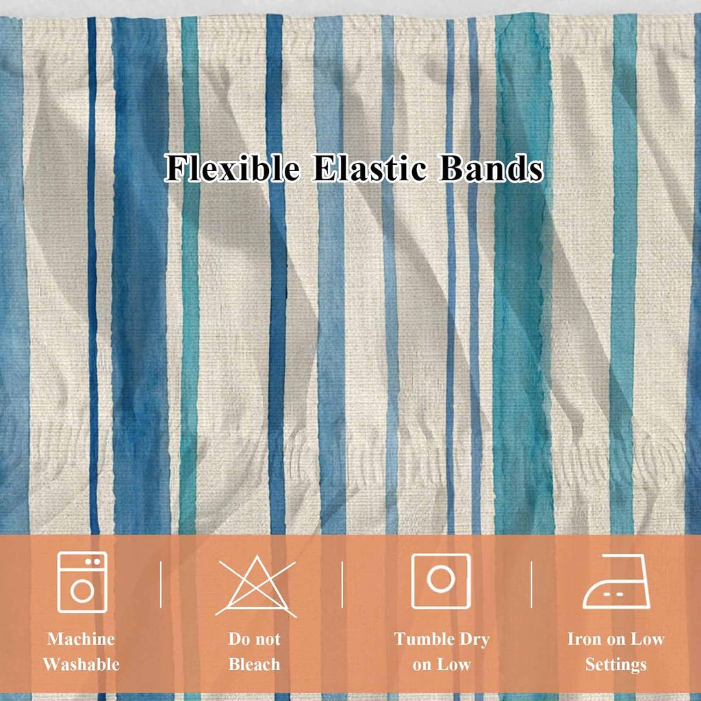 Vintage Blue Teal Striped Bed Skirt Queen Size 16 Inch Drop, Wrap Around Bed Skirts, Farmhouse Stripes Retro Art Elastic Bedskirt Pleated Bed Frame Cover Luxurious Dust Ruffle for Queen Bed