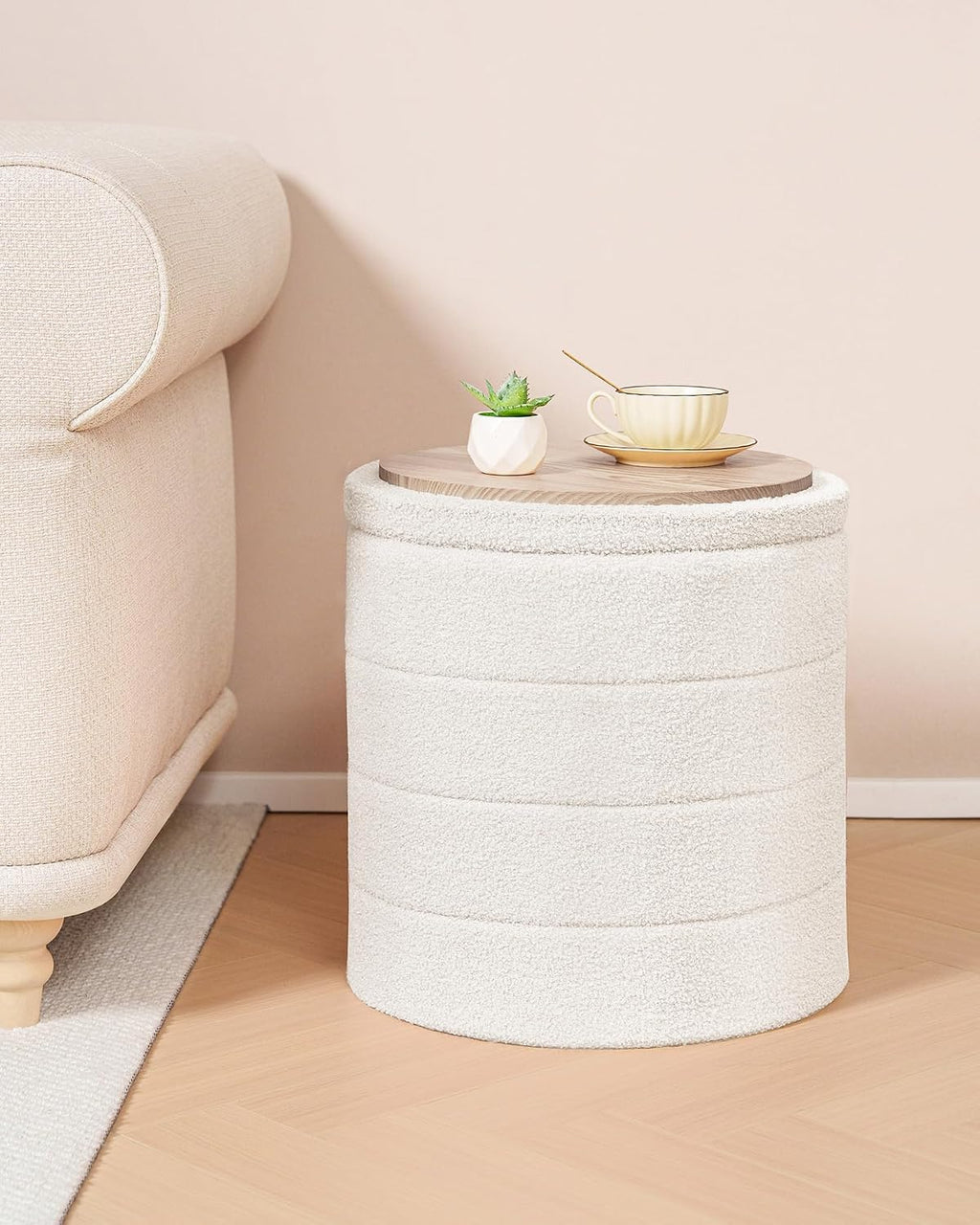B FSOBEIIALEO Ottoman with Stroage, Round Sherpa Storage Ottoman Stool, Boucle Foot Rest 14.6"x14.6"x17.7"（Cream White