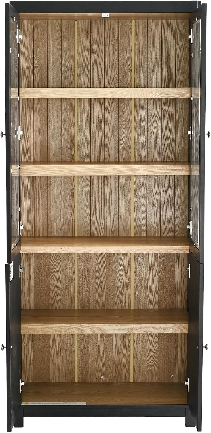 LUMISOL 74.5" Tall Kitchen Pantry Cabinet with Glass Doors & Adjustable Shelves, Ash Wood Grain Display Cabinet with Storage, Modern Bookshelf for Living Room Dining Room Office, Black