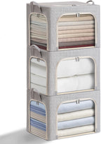combocube 3-Side Zippered Openings Clothes Storage Bins with Thick Metal Frame, Stackable & Foldable Clothing Storage Bins with Lid, Linen Fabric Closet Storage Box with Large Clear Window, 3 Pack