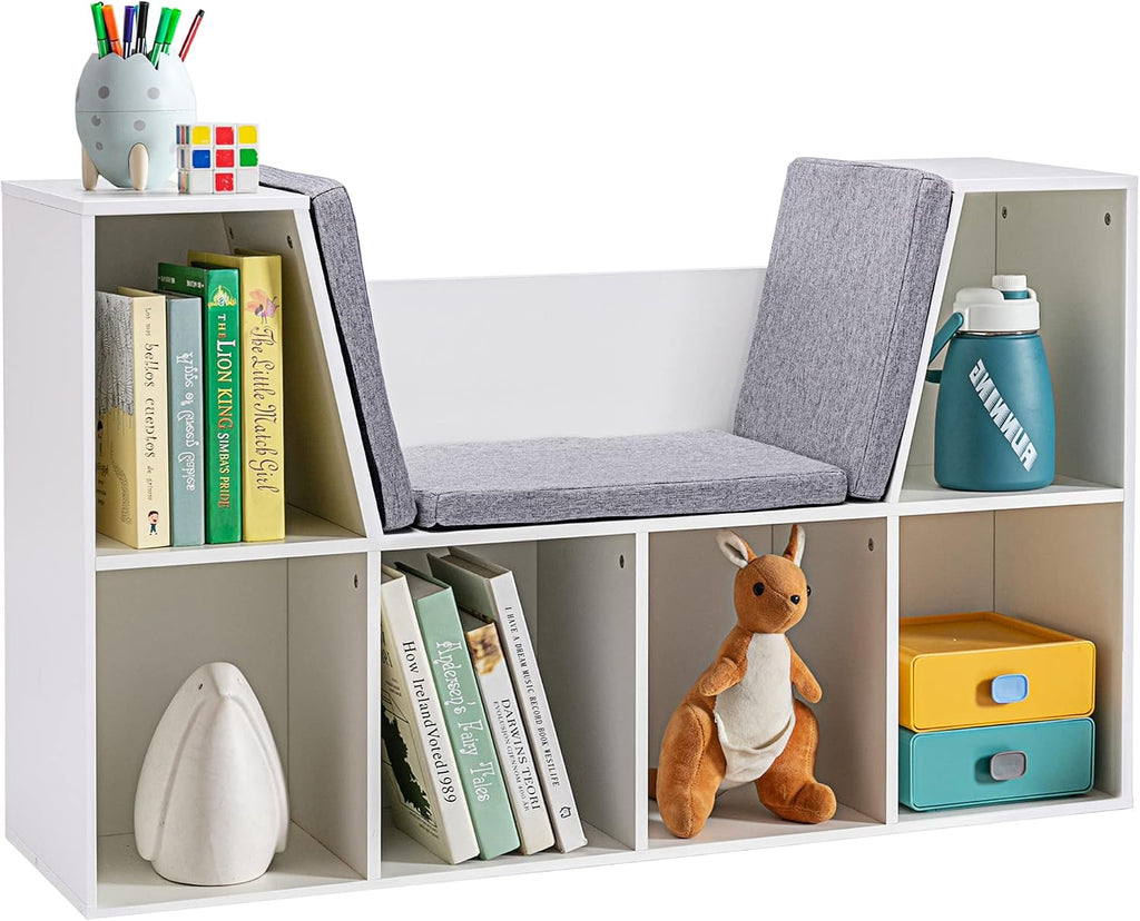 6 Cubby Bookcase with Reading Nook and Cushion, Multi Purpose Storage Organizer for Bedroom, Living Room, Pure White