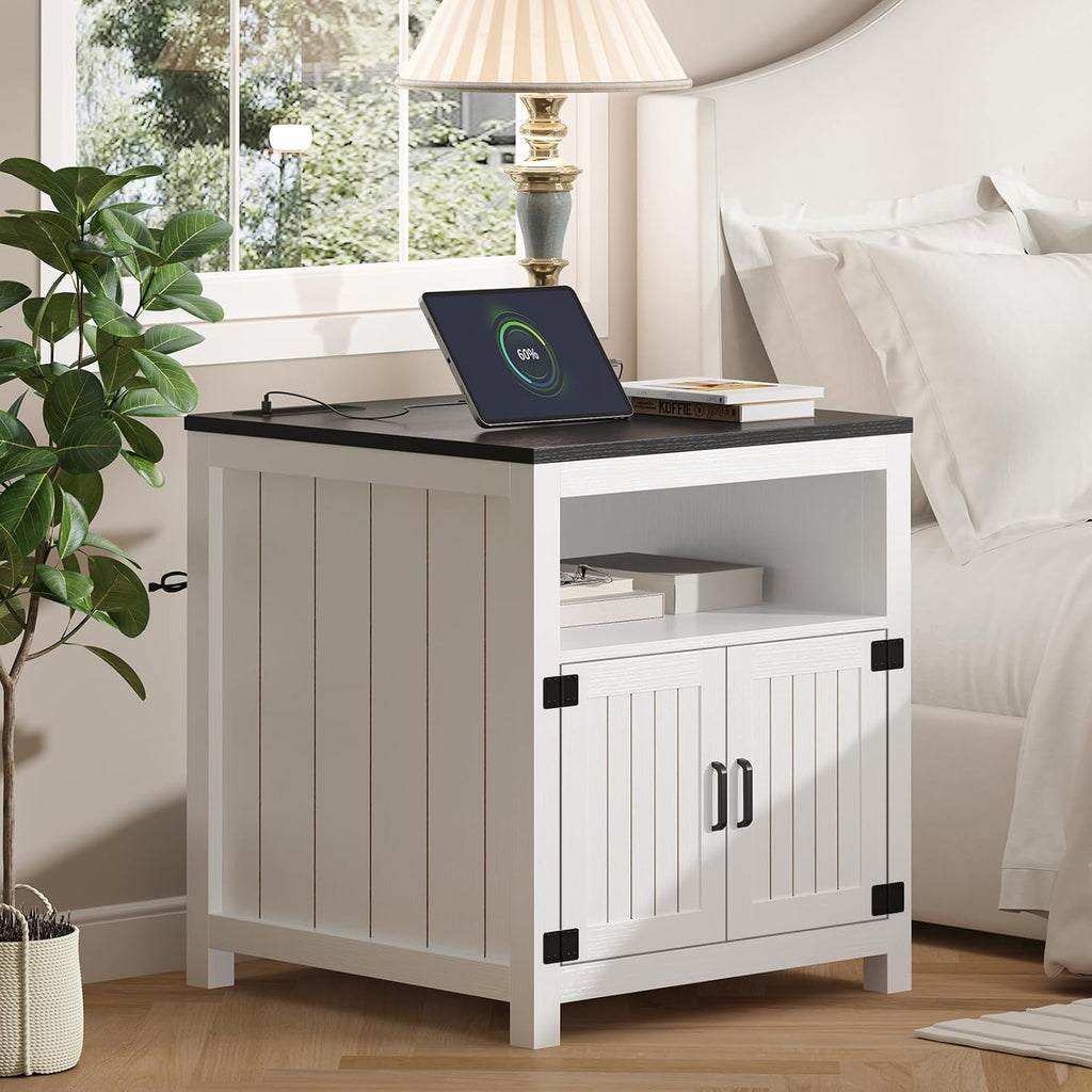 24" Farmhouse End Table Set of 2 with Charging Station, Large Square Side Table with Open Shelf and Barn Door Storage for Living Room, Bedroom (White)