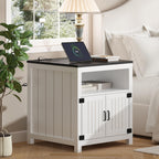 24" Farmhouse End Table Set of 2 with Charging Station, Large Square Side Table with Open Shelf and Barn Door Storage for Living Room, Bedroom (White)