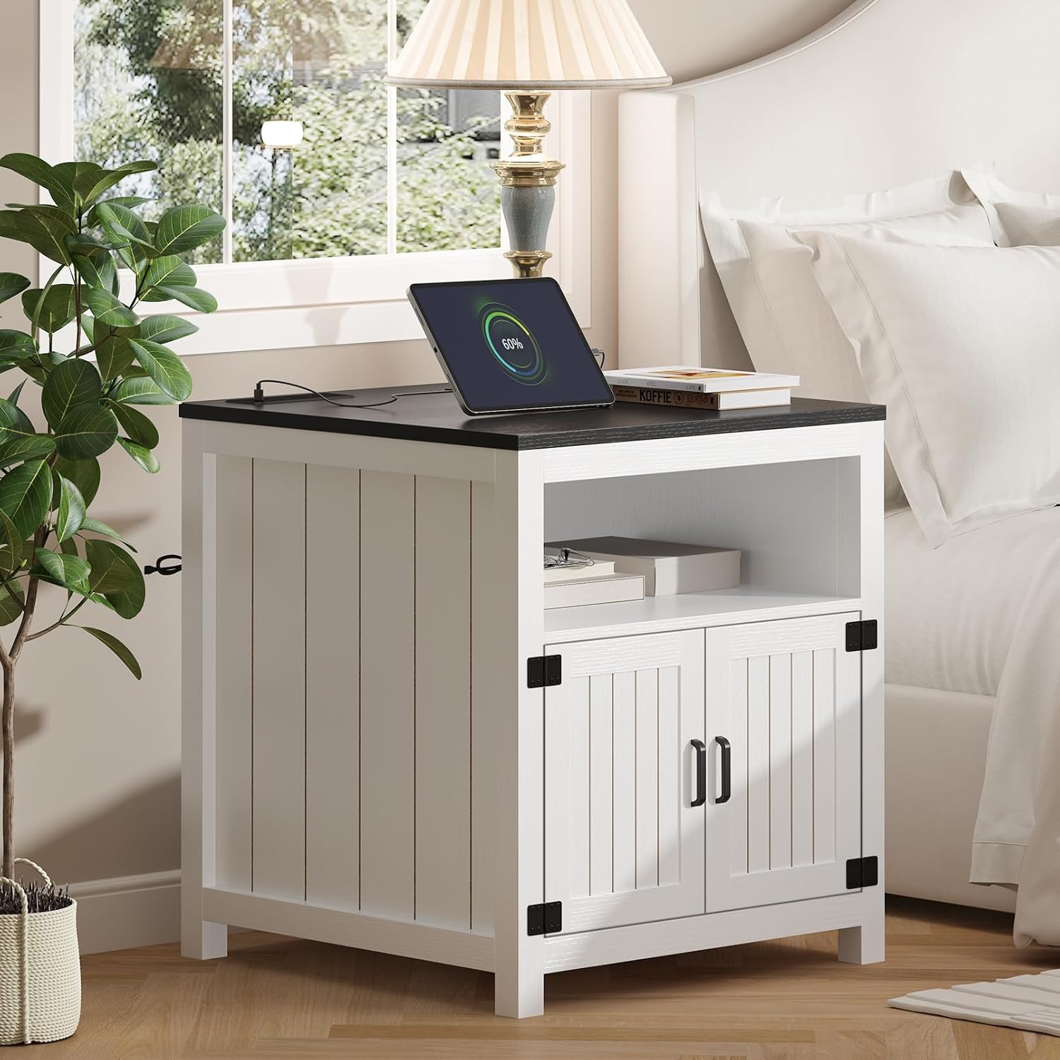 24" Farmhouse End Table Set of 2 with Charging Station, Large Square Side Table with Open Shelf and Barn Door Storage for Living Room, Bedroom (White)