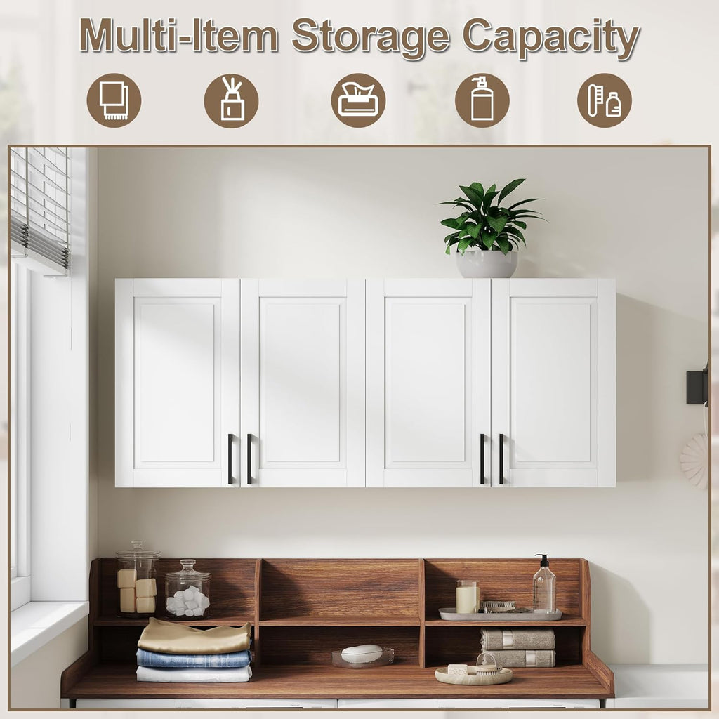 ChooChoo Laundry Room Cabinets, 4 Doors Wall Mounted Storage Cabinet, Kitchen Wall Storage, Bathroom Wall Cabinet, White