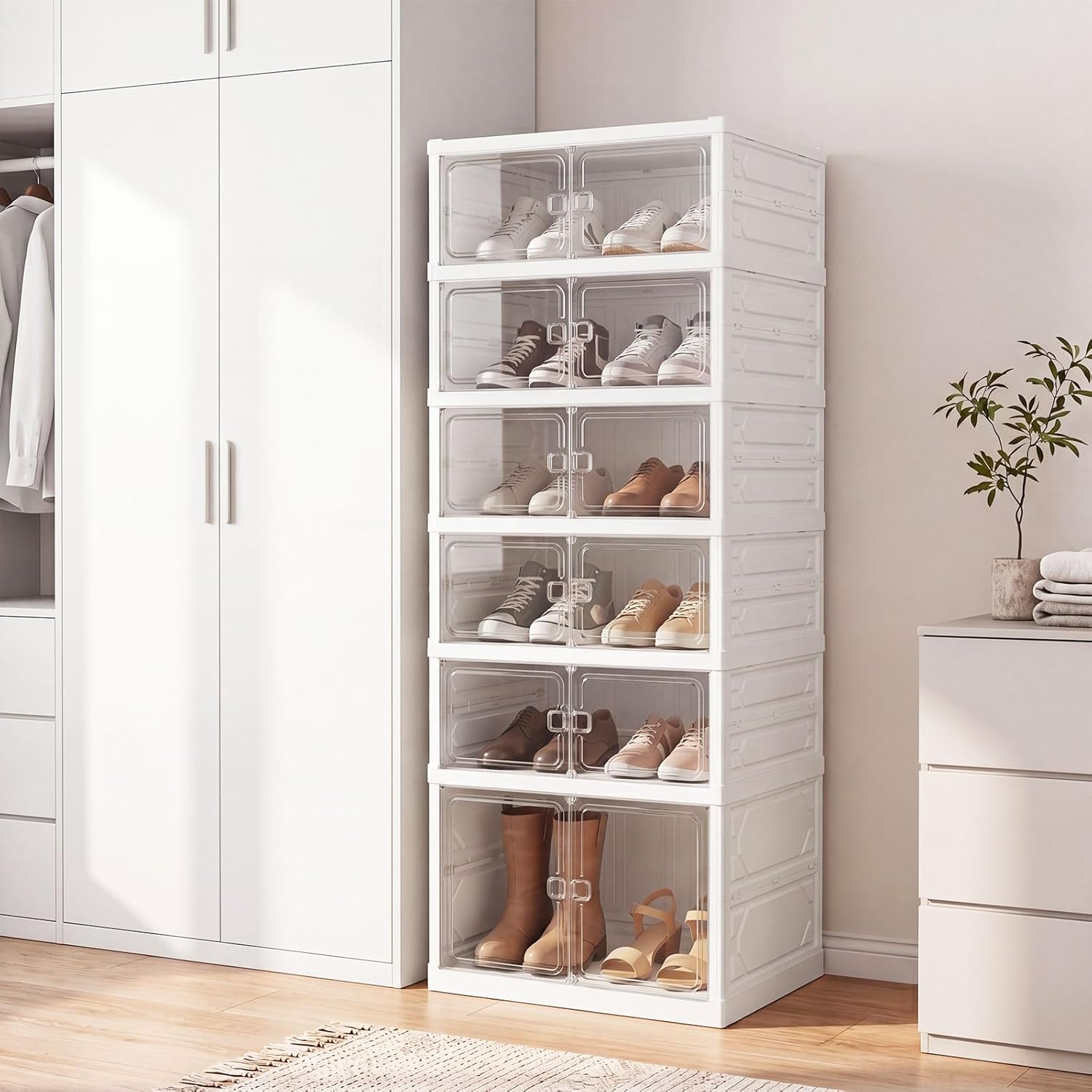 Giantex 6-Tier Foldable Shoe Rack Organizer, 12 Pairs Plastic Shoe Storage Box w/Magnetic Door, Space-Saving Collapsible Shoe Shelf for Entryway Living Room Cloakroom Closet, Easy Assembly