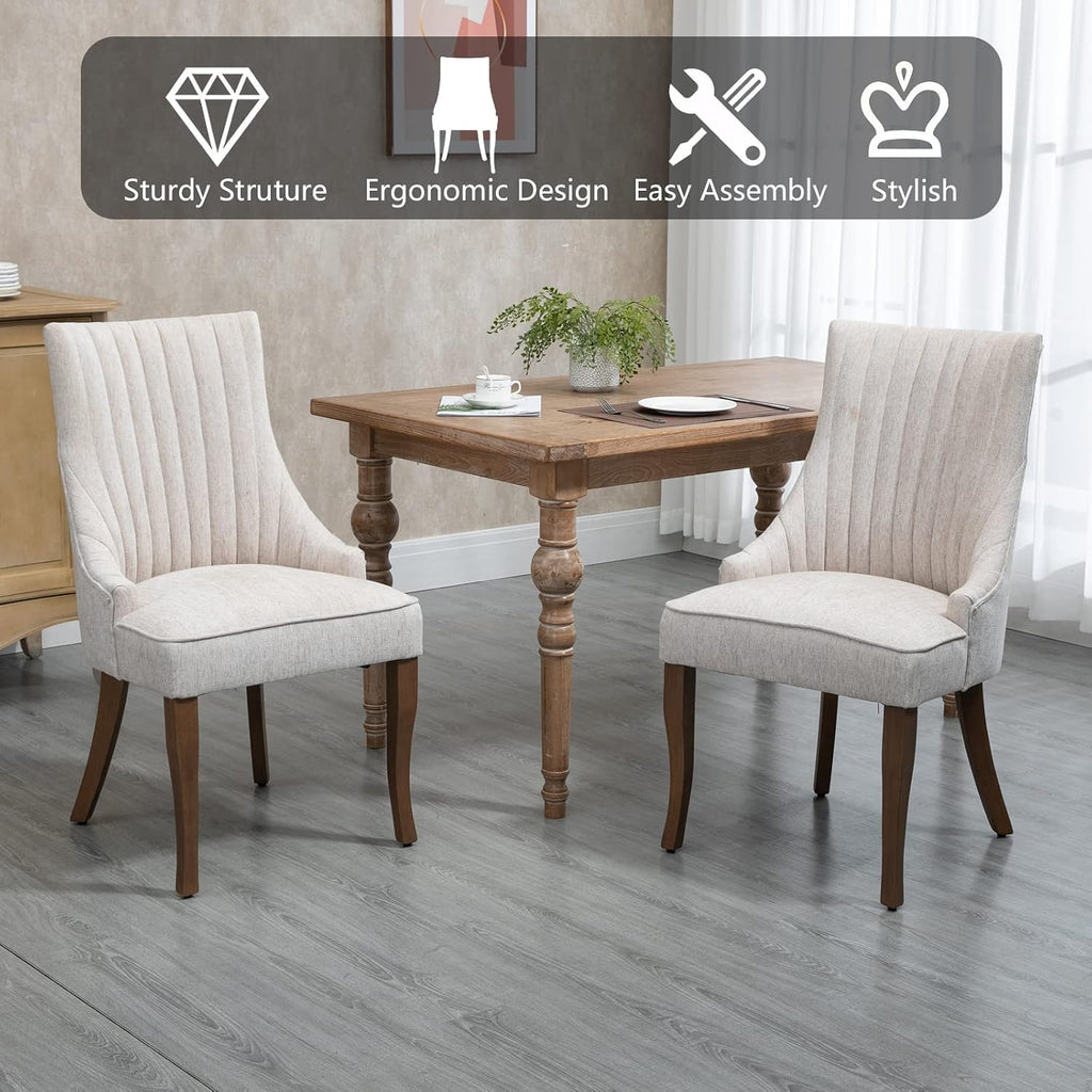 mikibama Linen Beige Dining Chairs Set of 2 Channel Tufted Kitchen Dinner Chair Comfy Fabric Upholstered Accent Chair for Dining Room with Solid Wood Legs